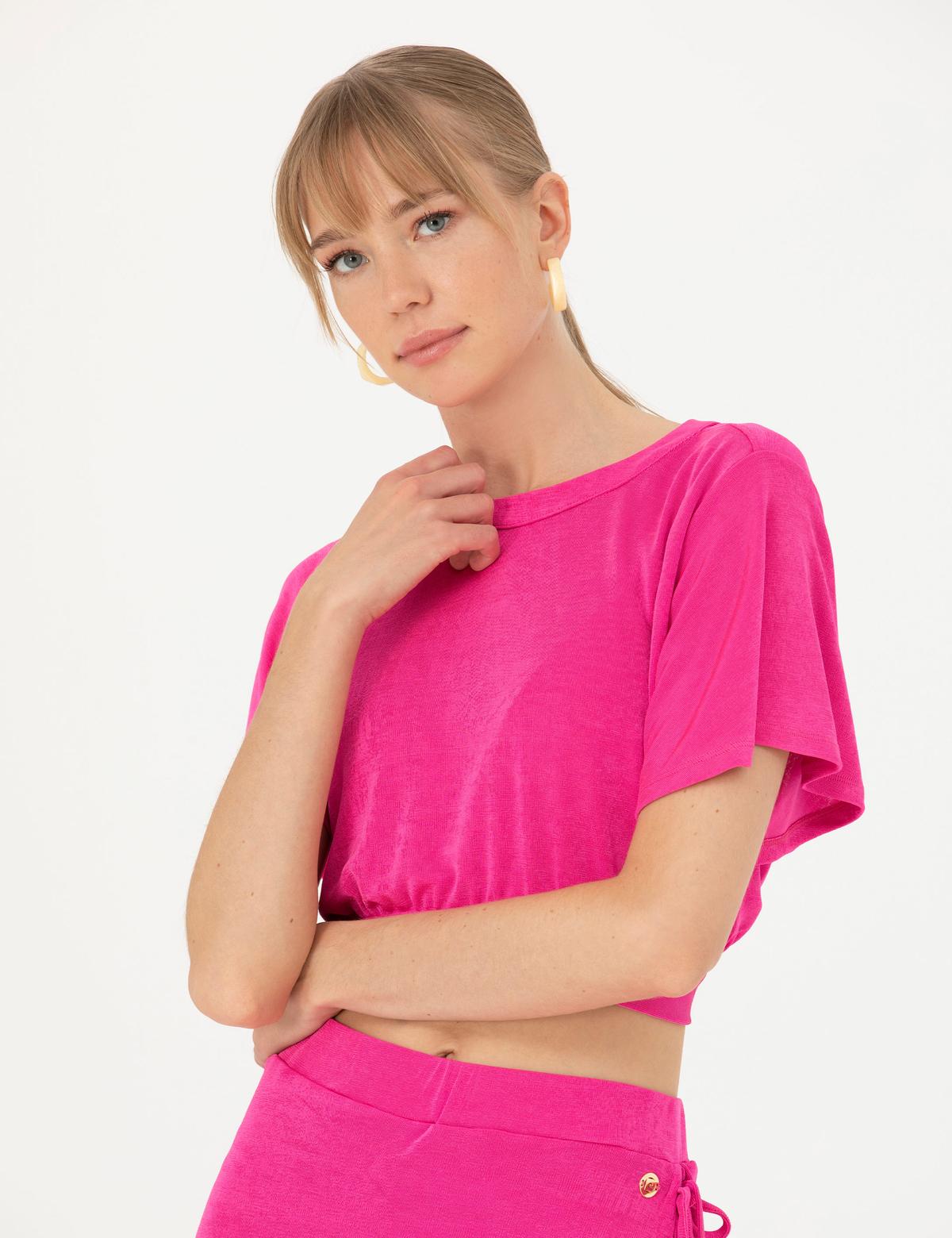 Fuşya Crop Top Örme Bluz - 50263506042