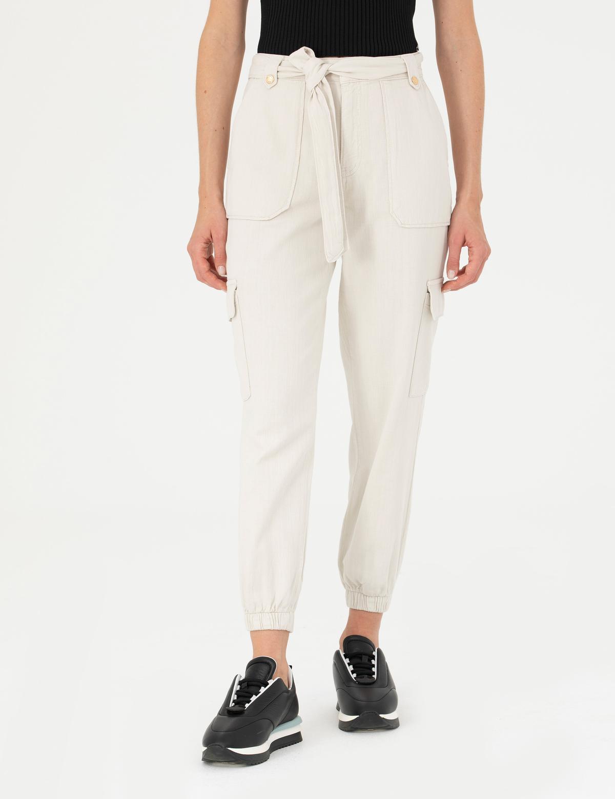 Krem Keten Karışımlı Jogger Fit Kanvas Pantolon - 50263722006