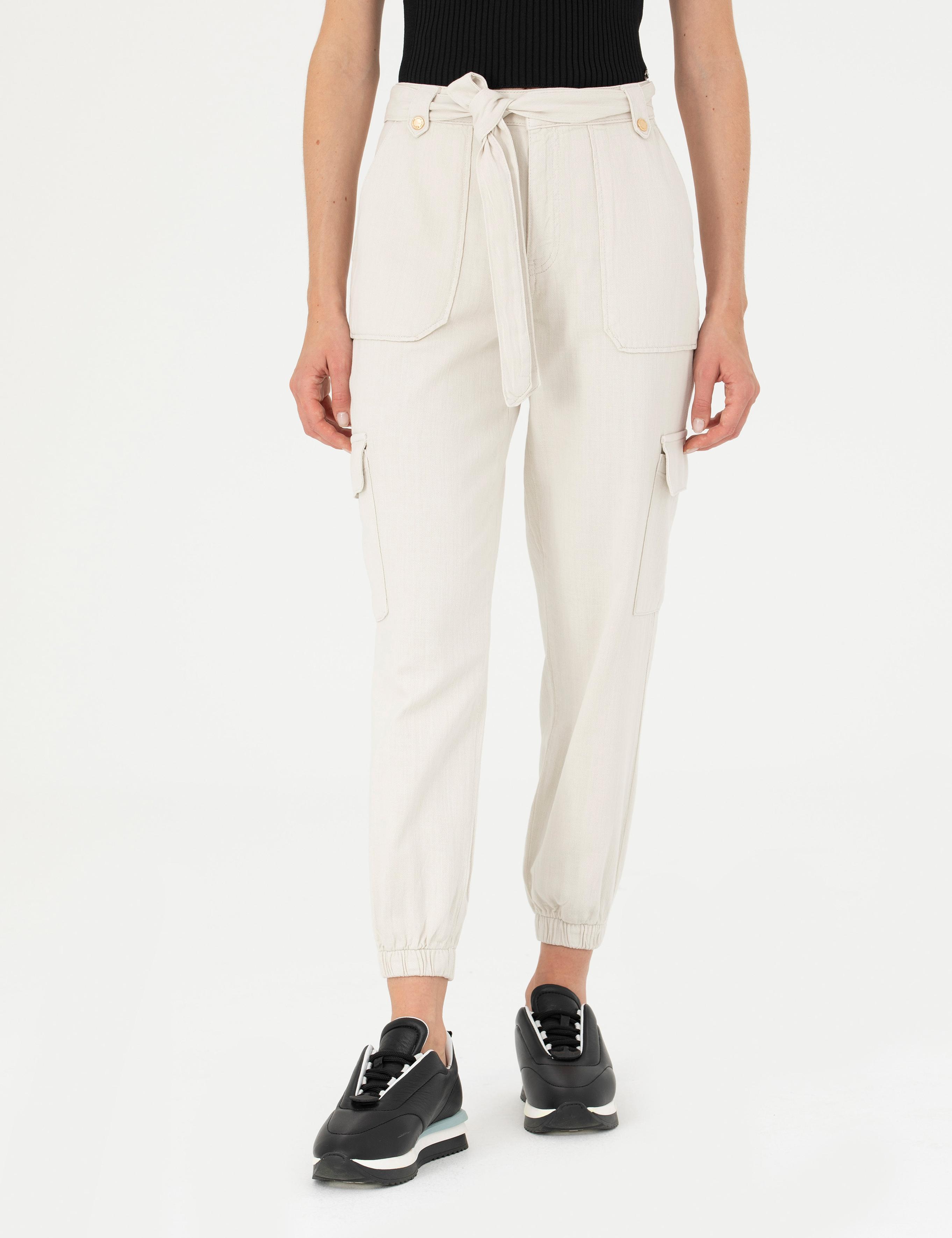 Krem Keten Karışımlı Jogger Fit Kanvas Pantolon