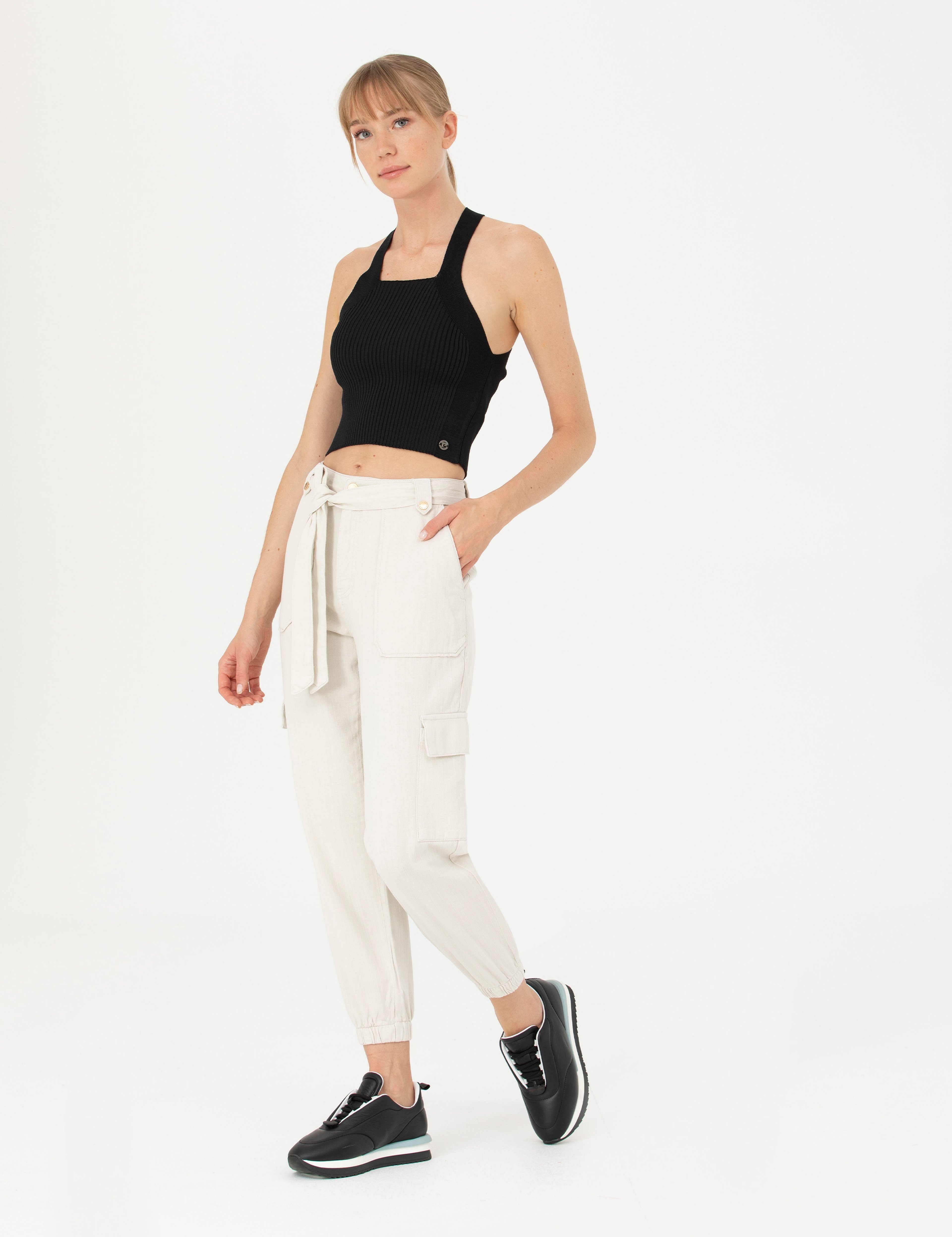 Krem Keten Karışımlı Jogger Fit Kanvas Pantolon