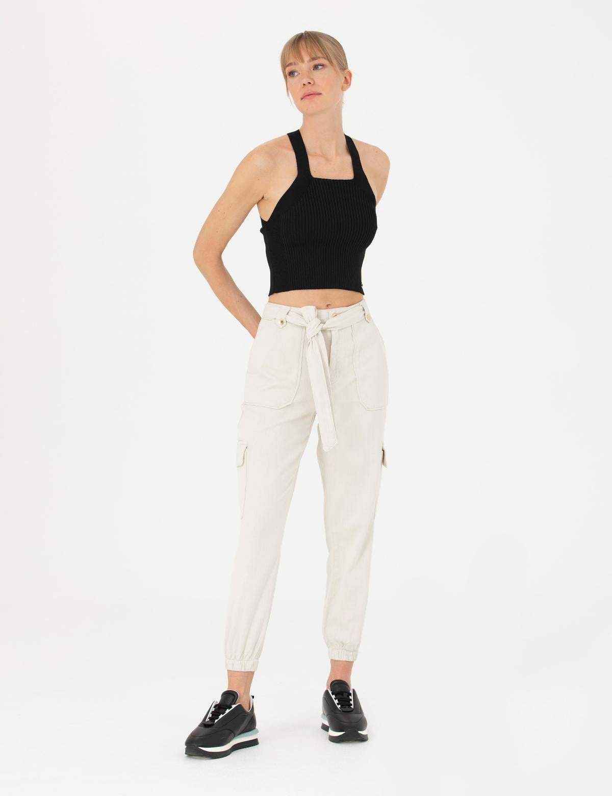 Krem Keten Karışımlı Jogger Fit Kanvas Pantolon