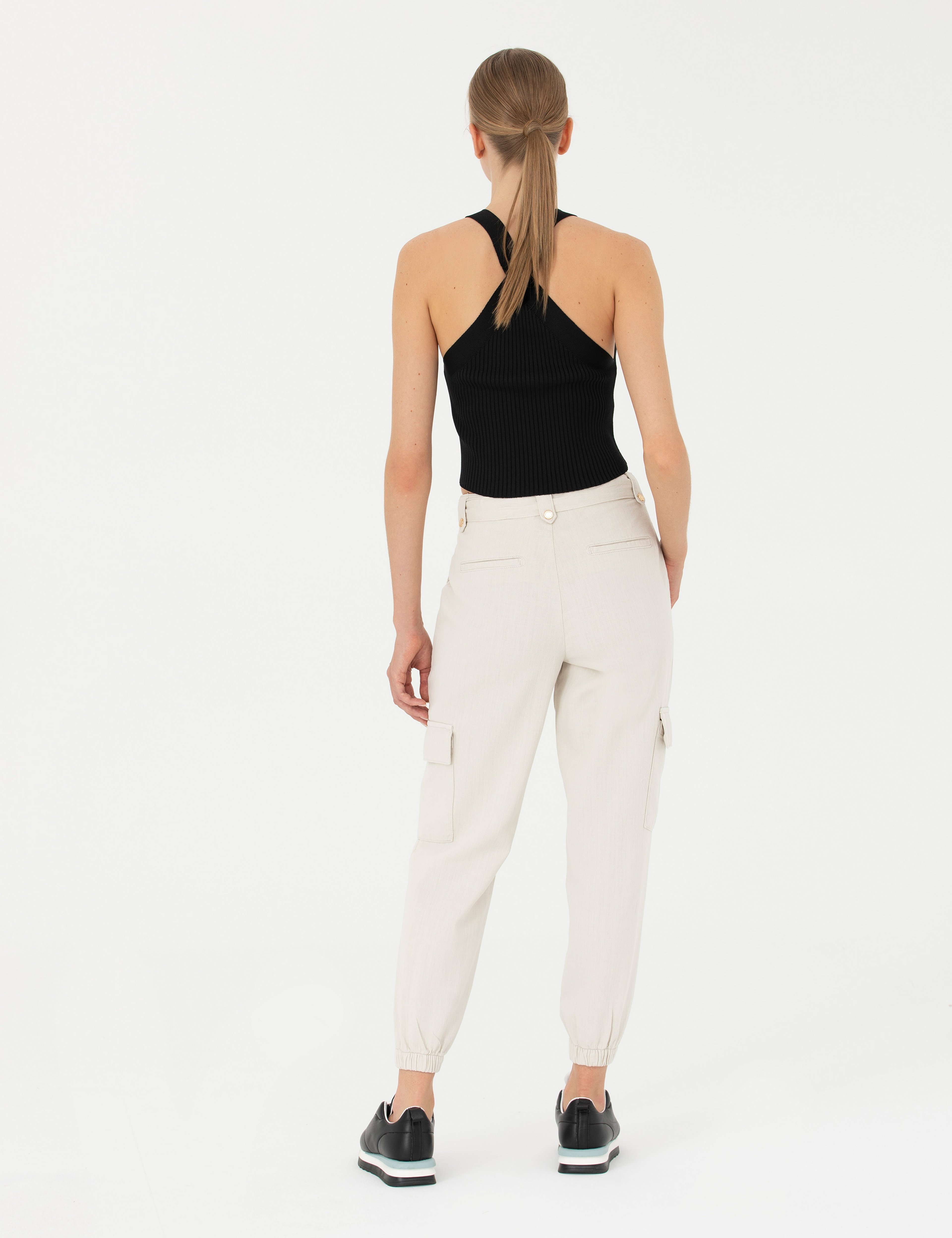 Krem Keten Karışımlı Jogger Fit Kanvas Pantolon - Image 4
