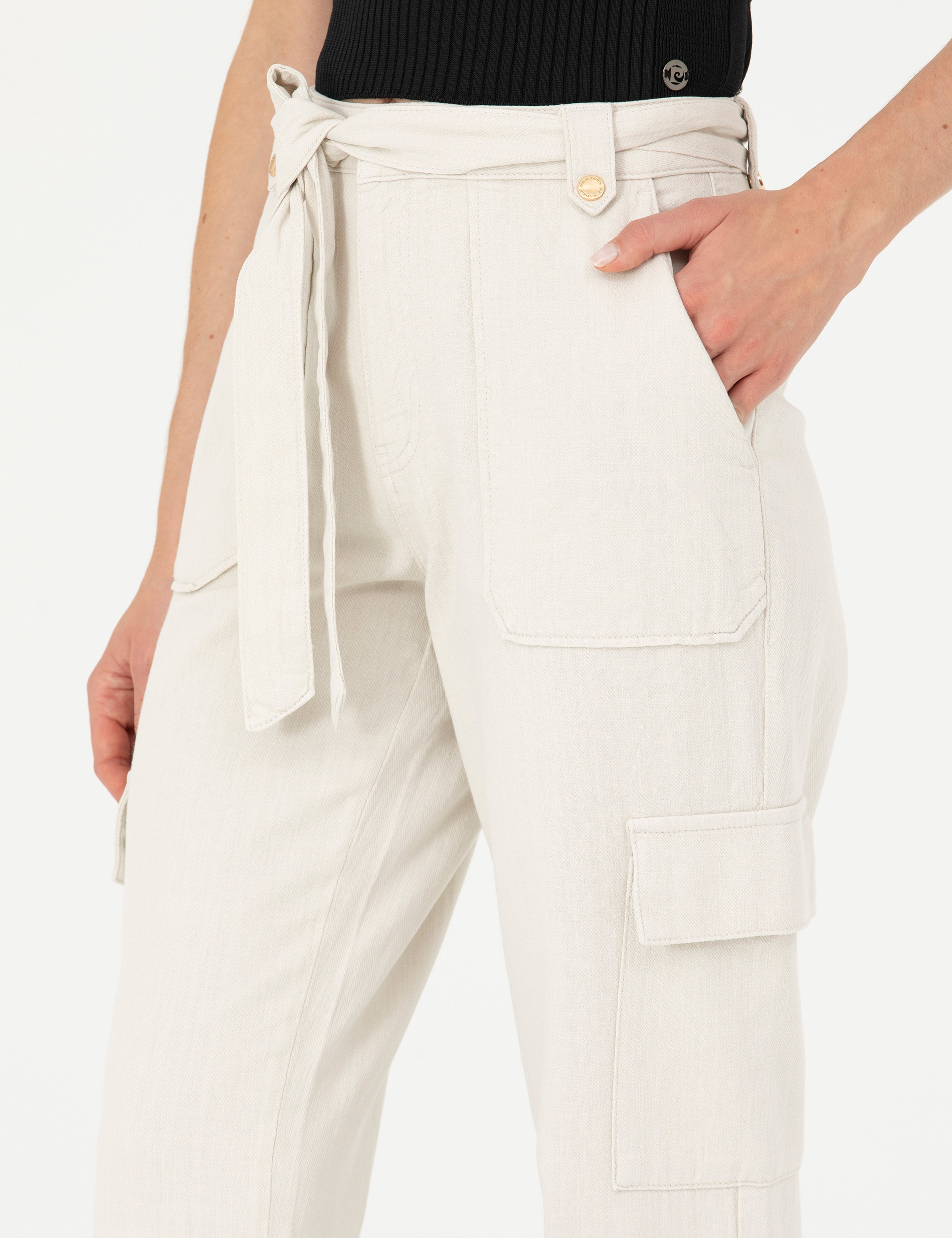 Krem Keten Karışımlı Jogger Fit Kanvas Pantolon