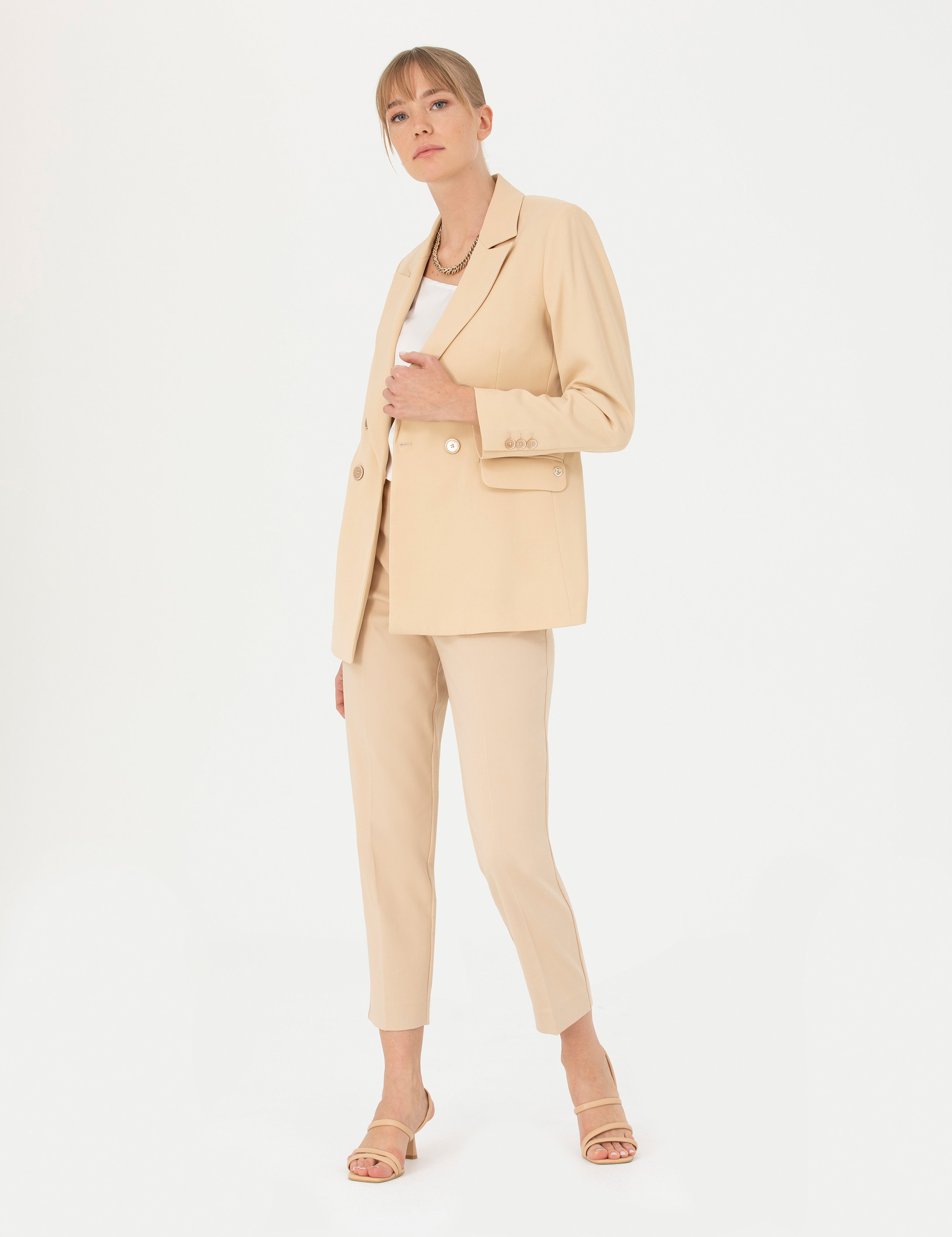 Bej Kruvaze Slim Fit Ceket - Image 4