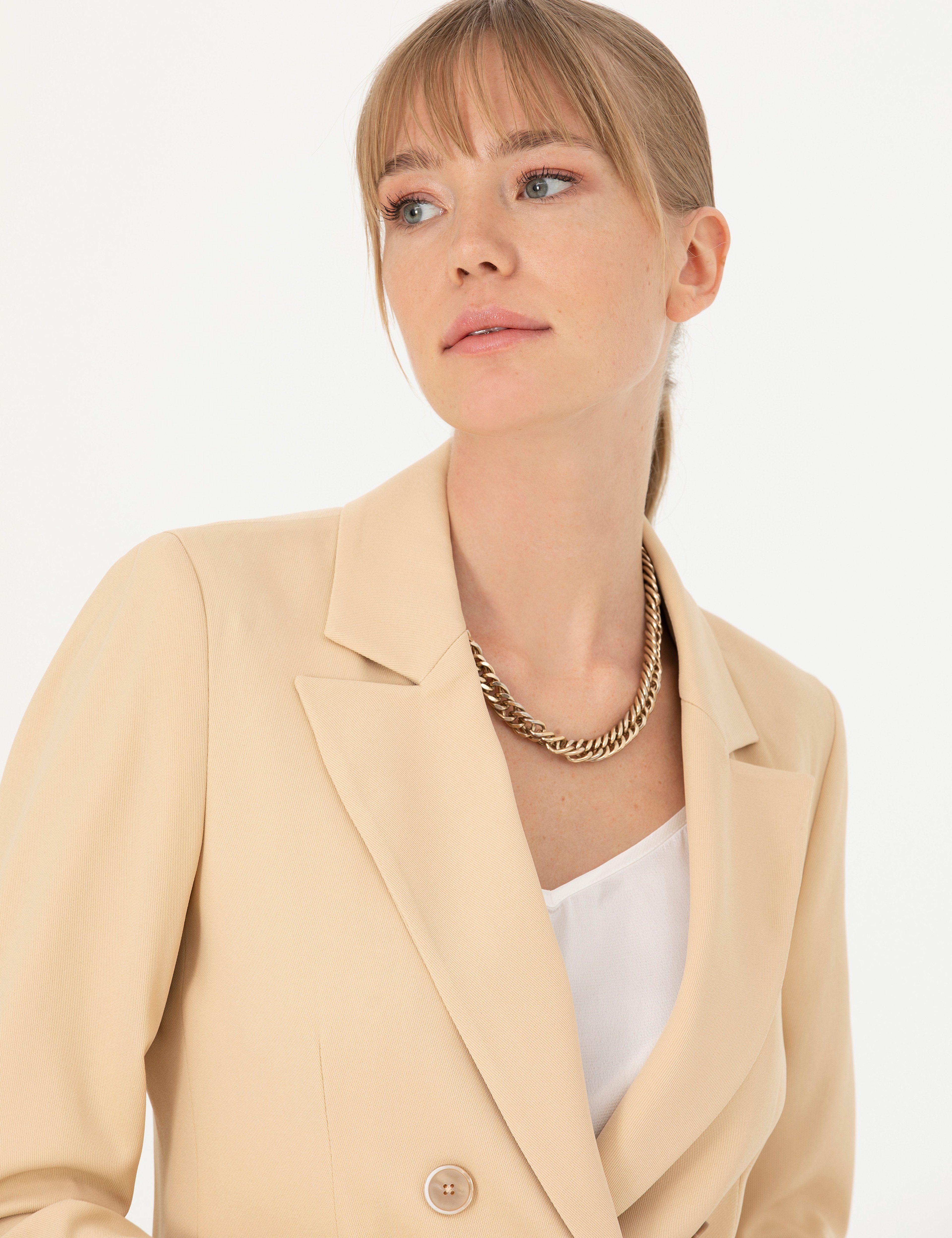 Bej Kruvaze Slim Fit Ceket - Image 2