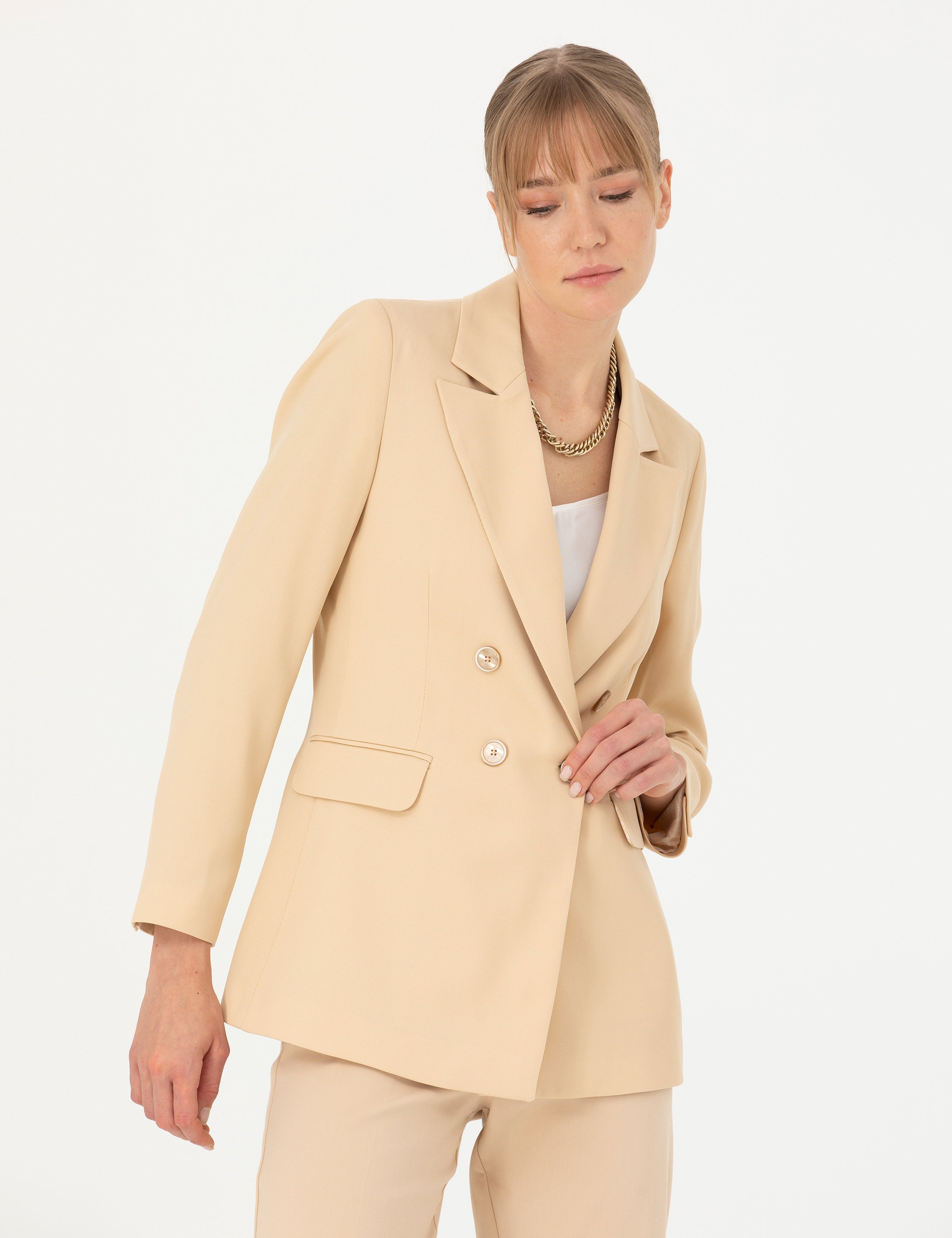 Bej Kruvaze Slim Fit Ceket - Image 3
