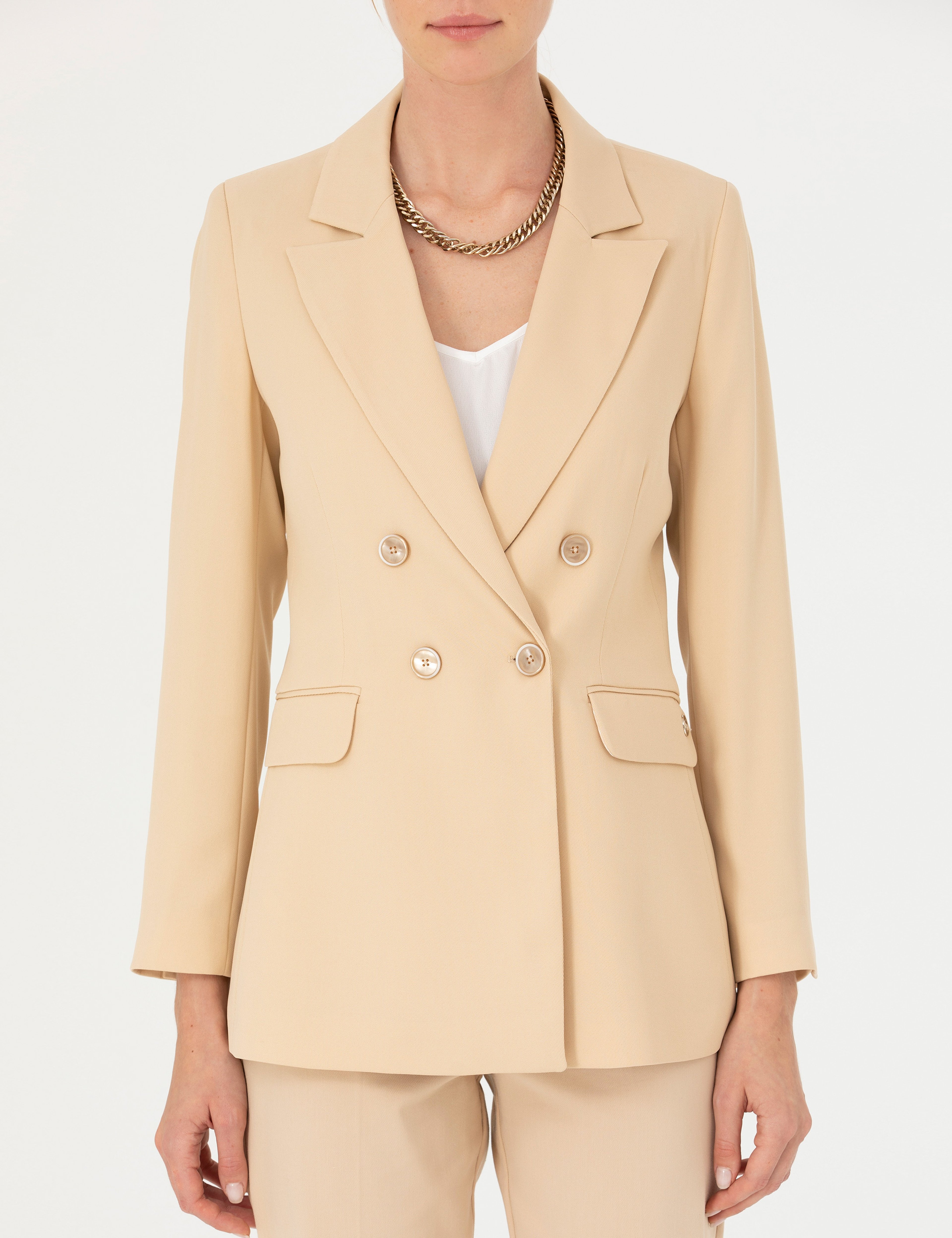 Bej Kruvaze Slim Fit Ceket - Image 6