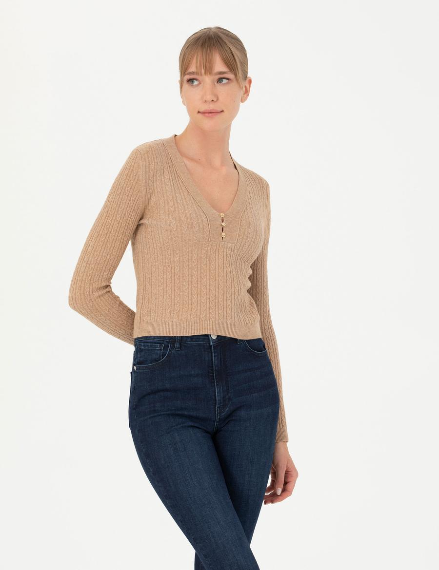 Bej Ex Slim Fit V Yaka Kazak