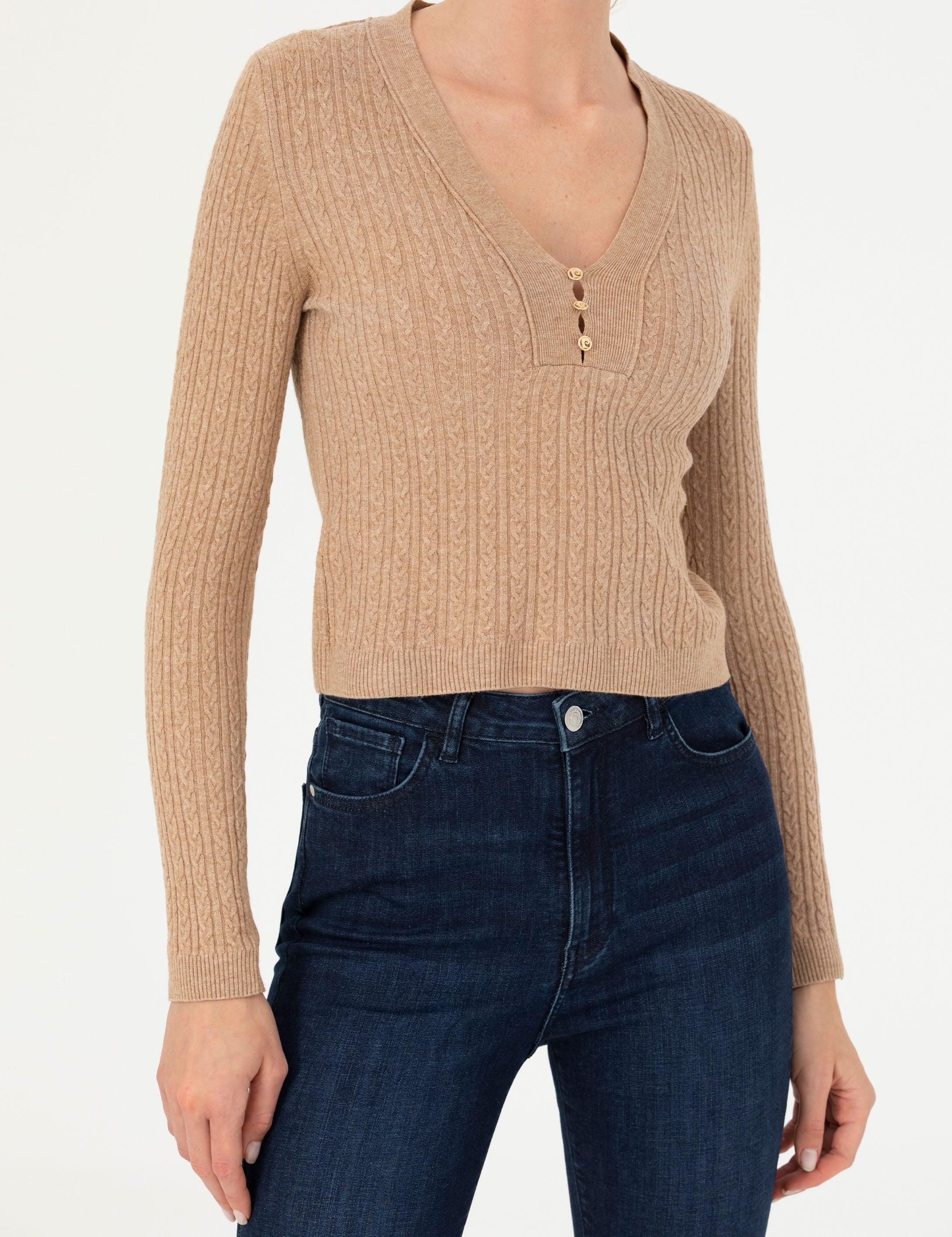 Bej Ex Slim Fit V Yaka Kazak