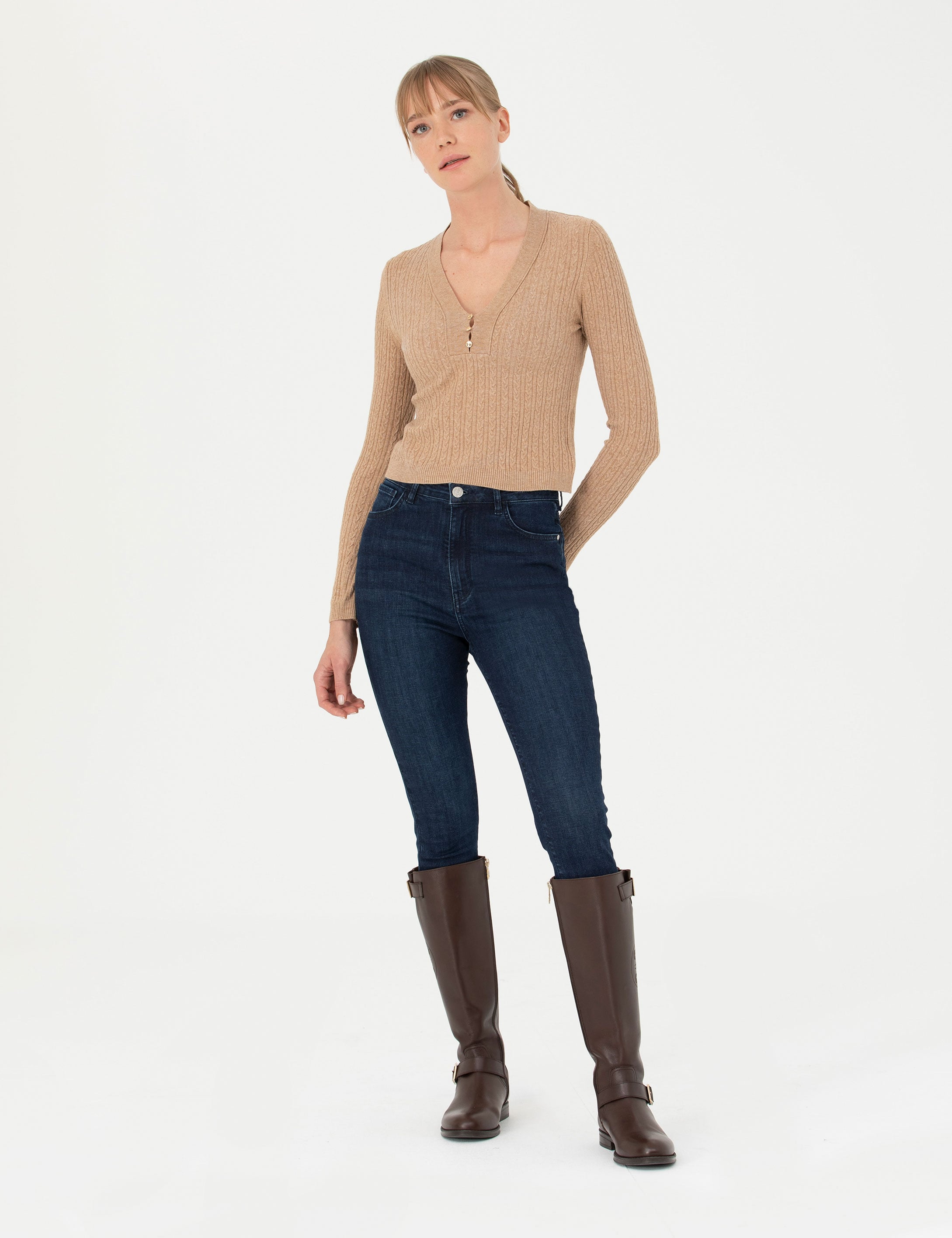 Bej Ex Slim Fit V Yaka Kazak - Image 4