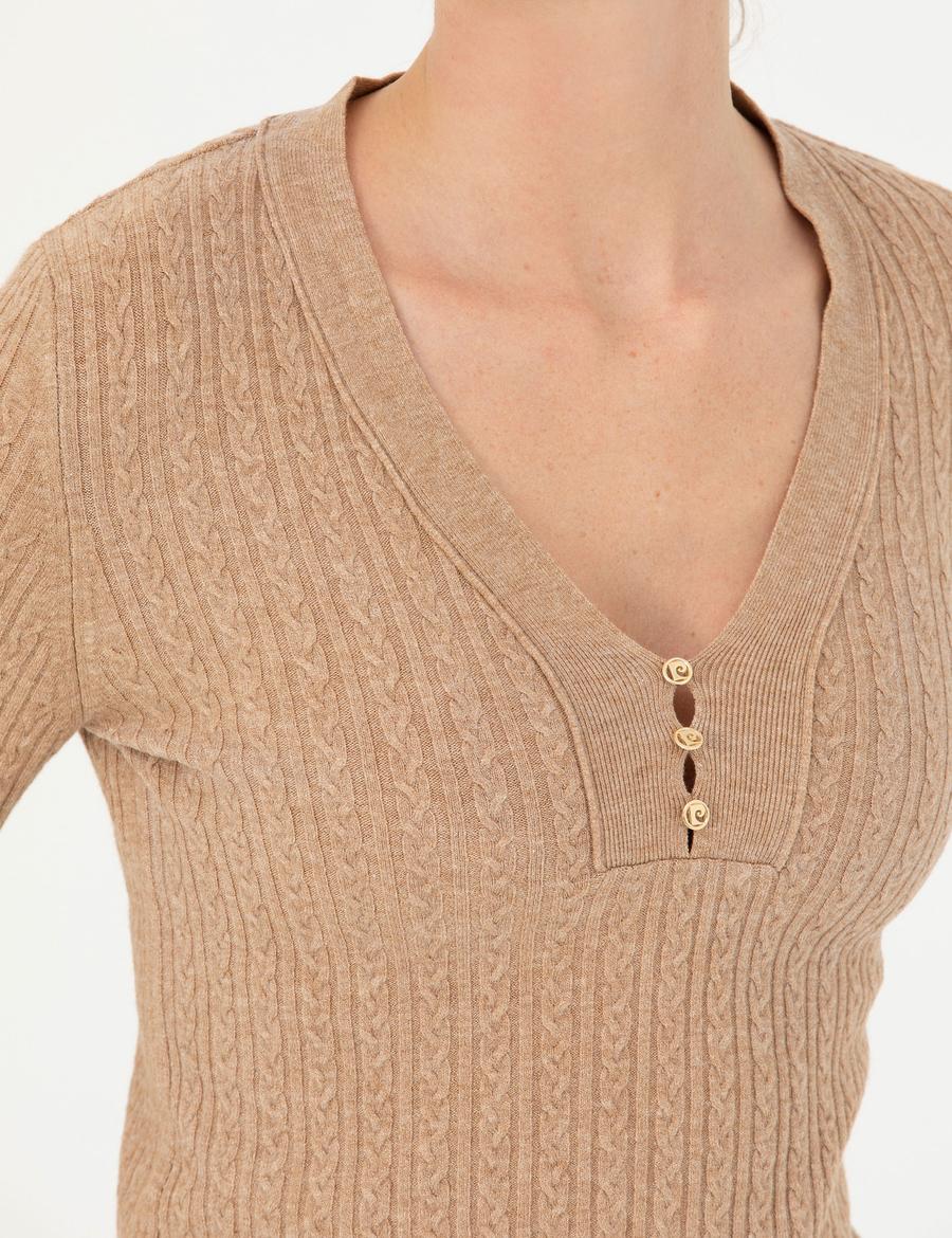 Bej Ex Slim Fit V Yaka Kazak