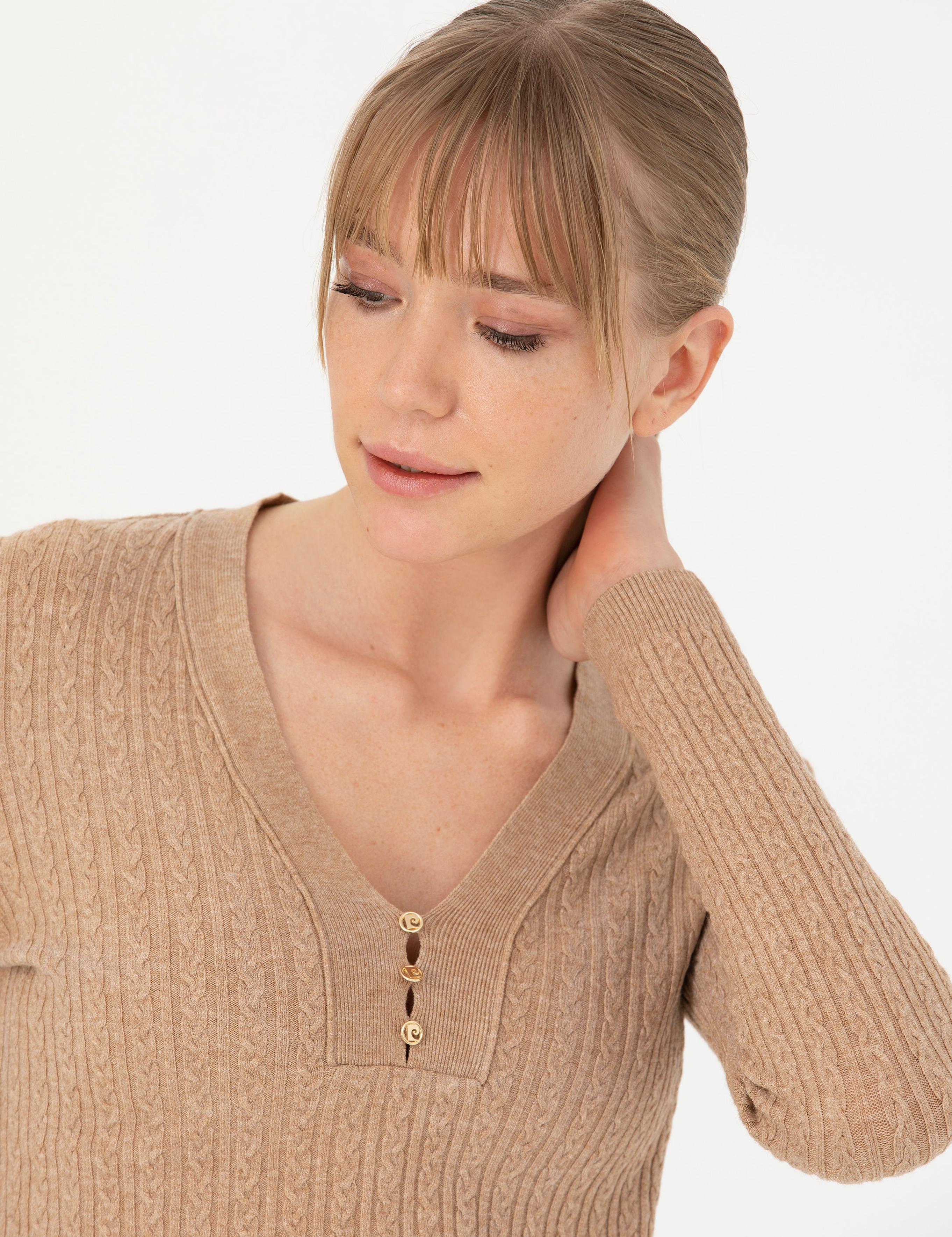 Bej Ex Slim Fit V Yaka Kazak