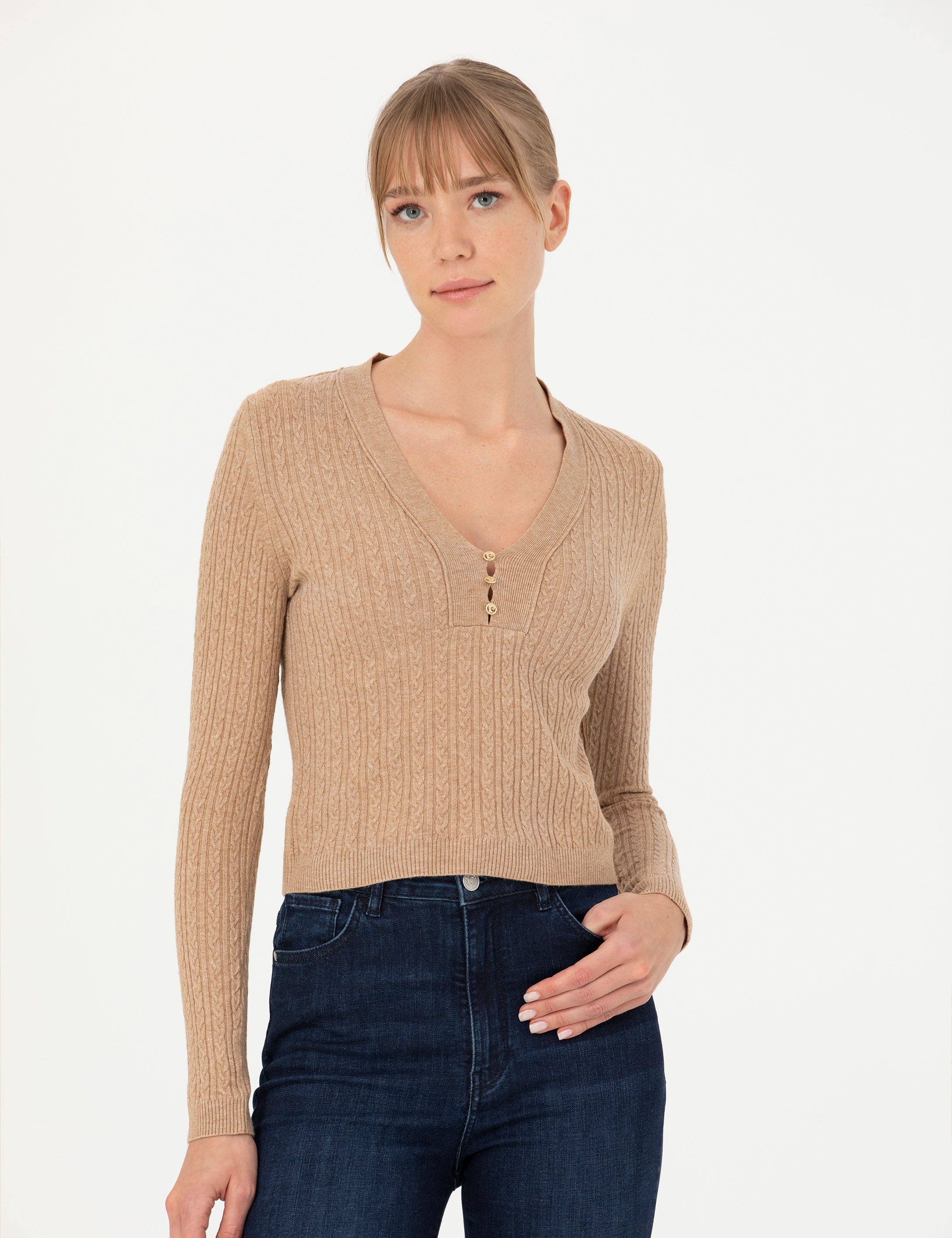 Bej Ex Slim Fit V Yaka Kazak - Image 3