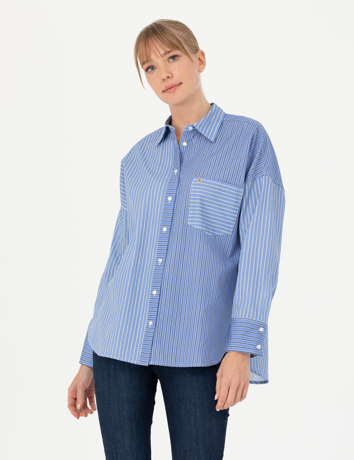 Mavi Oversize Uzun Kollu Gömlek