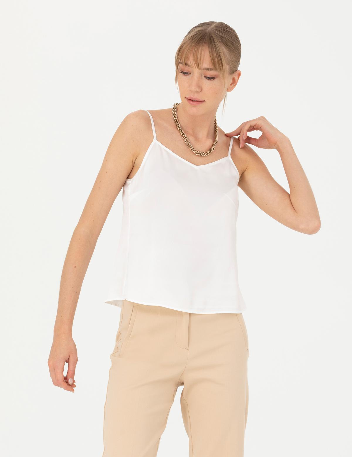 Ekru Saten Regular Fit Bluz