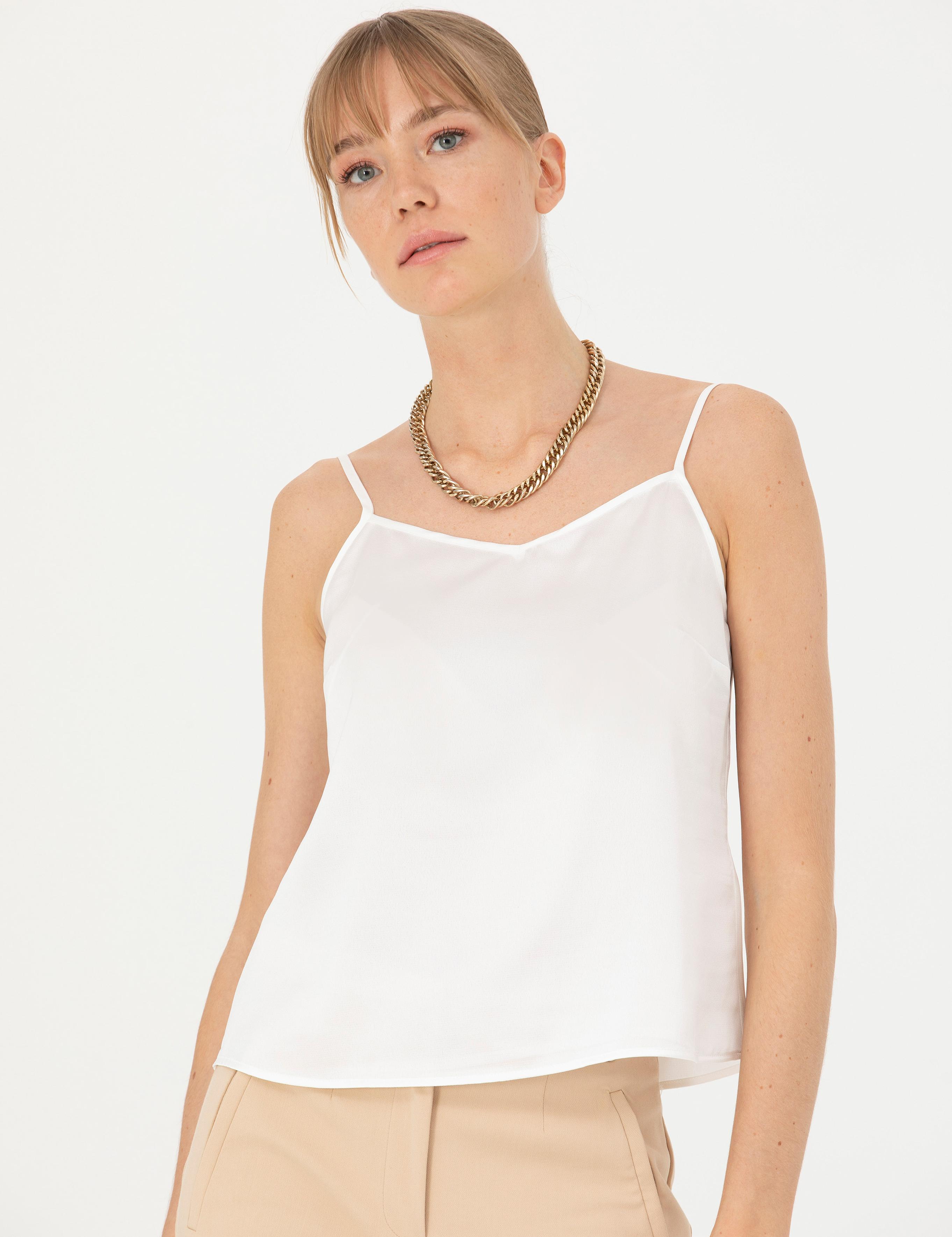 Ekru Saten Regular Fit Bluz