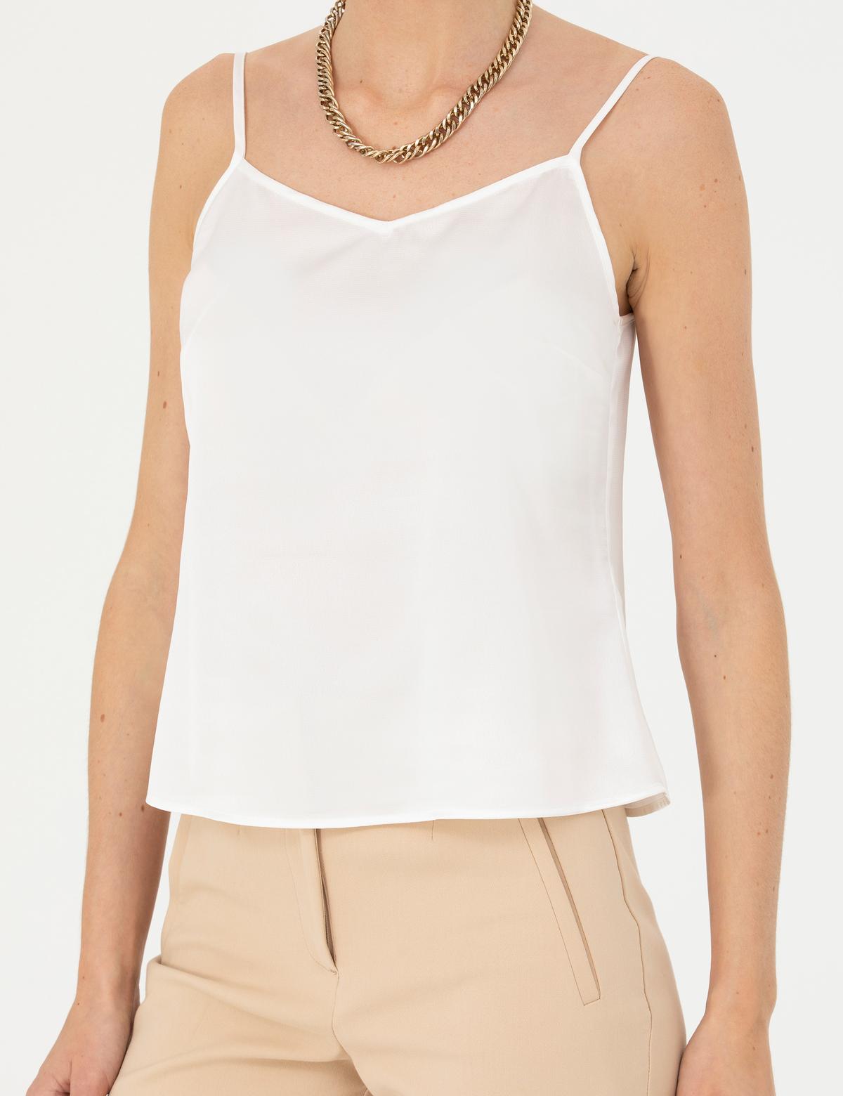 Ekru Saten Regular Fit Bluz - 50273057008