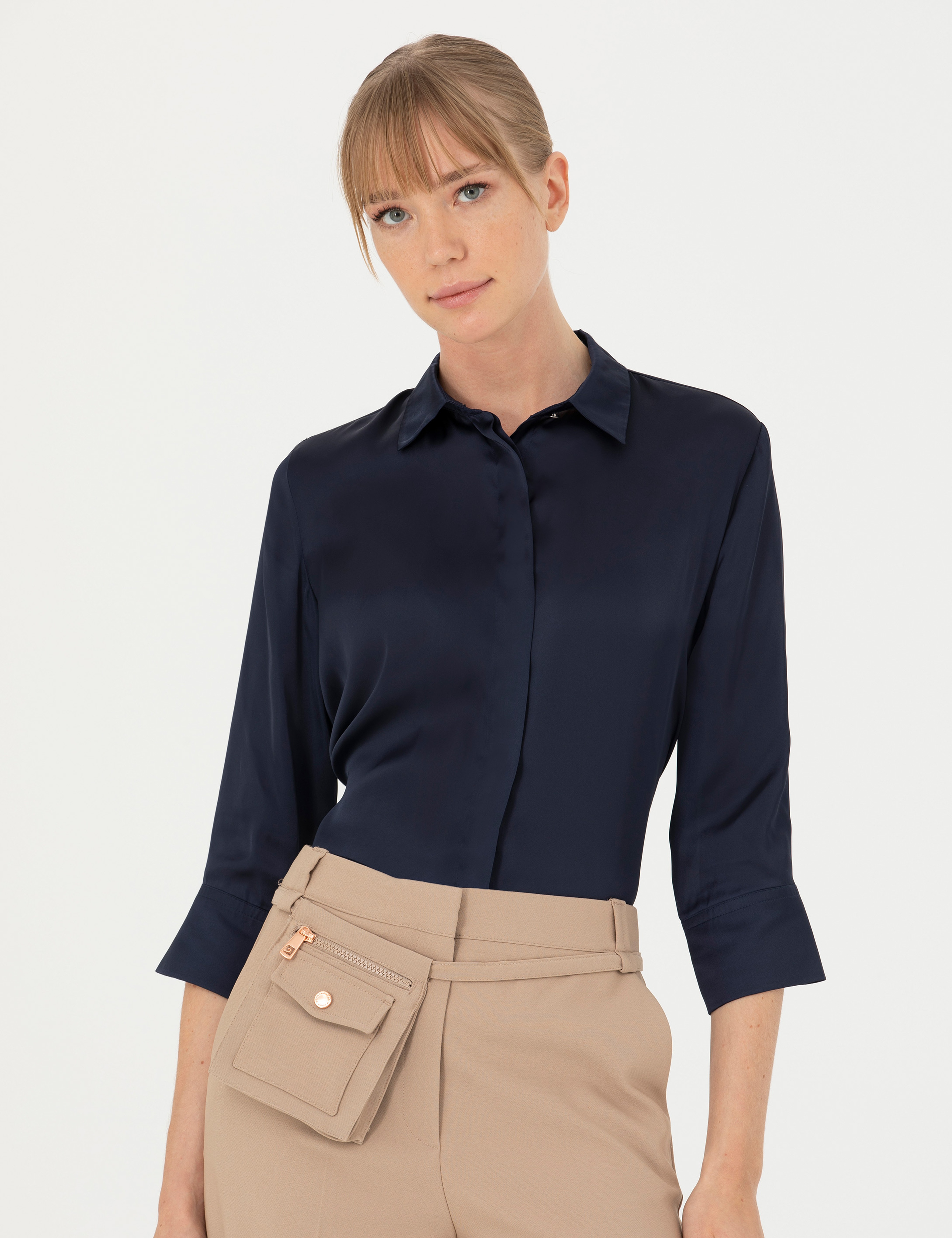 Lacivert Comfort Fit Saten Gömlek - Image 3
