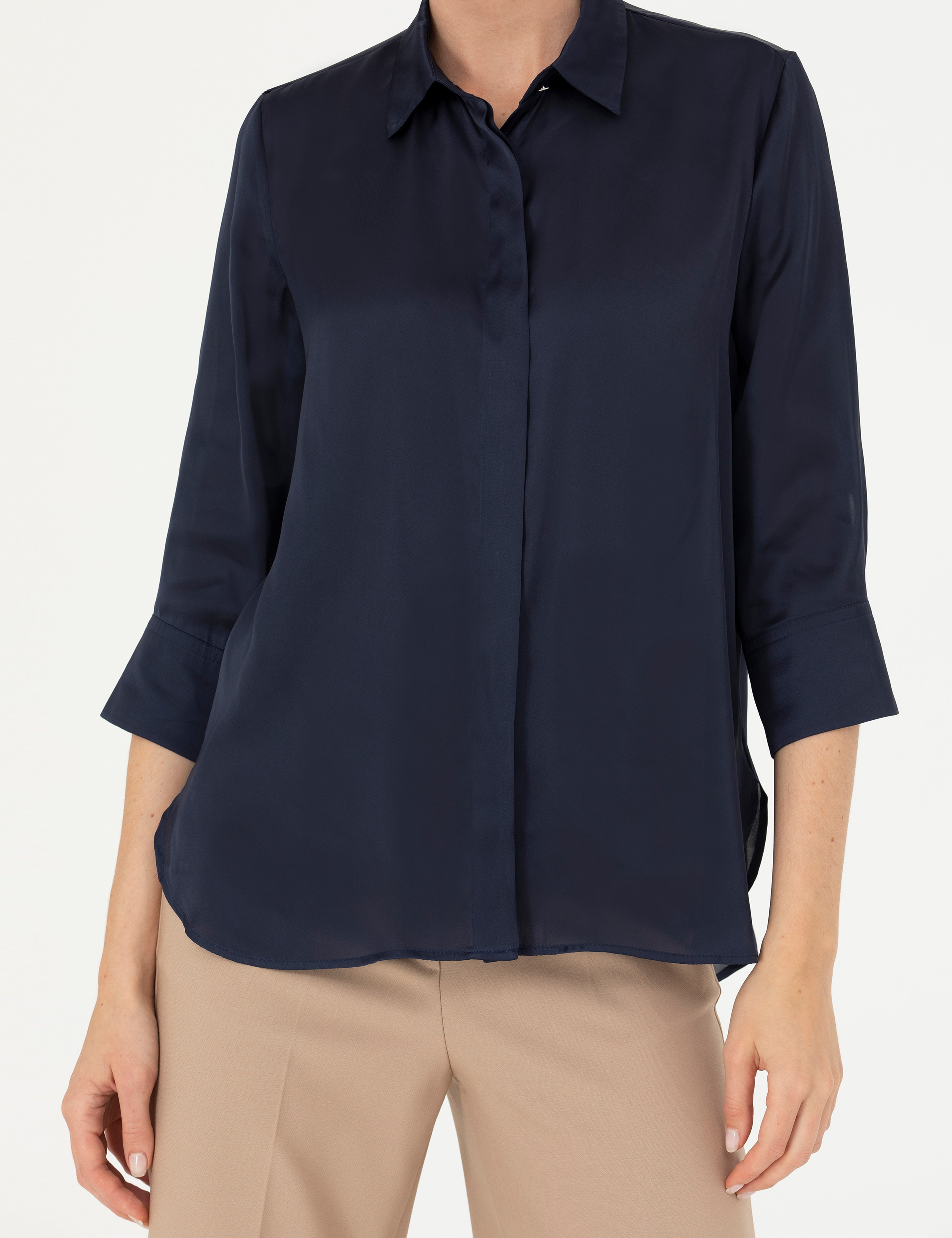 Lacivert Comfort Fit Saten Gömlek - Image 6