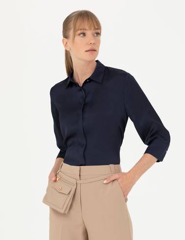 Lacivert Comfort Fit Saten Gömlek