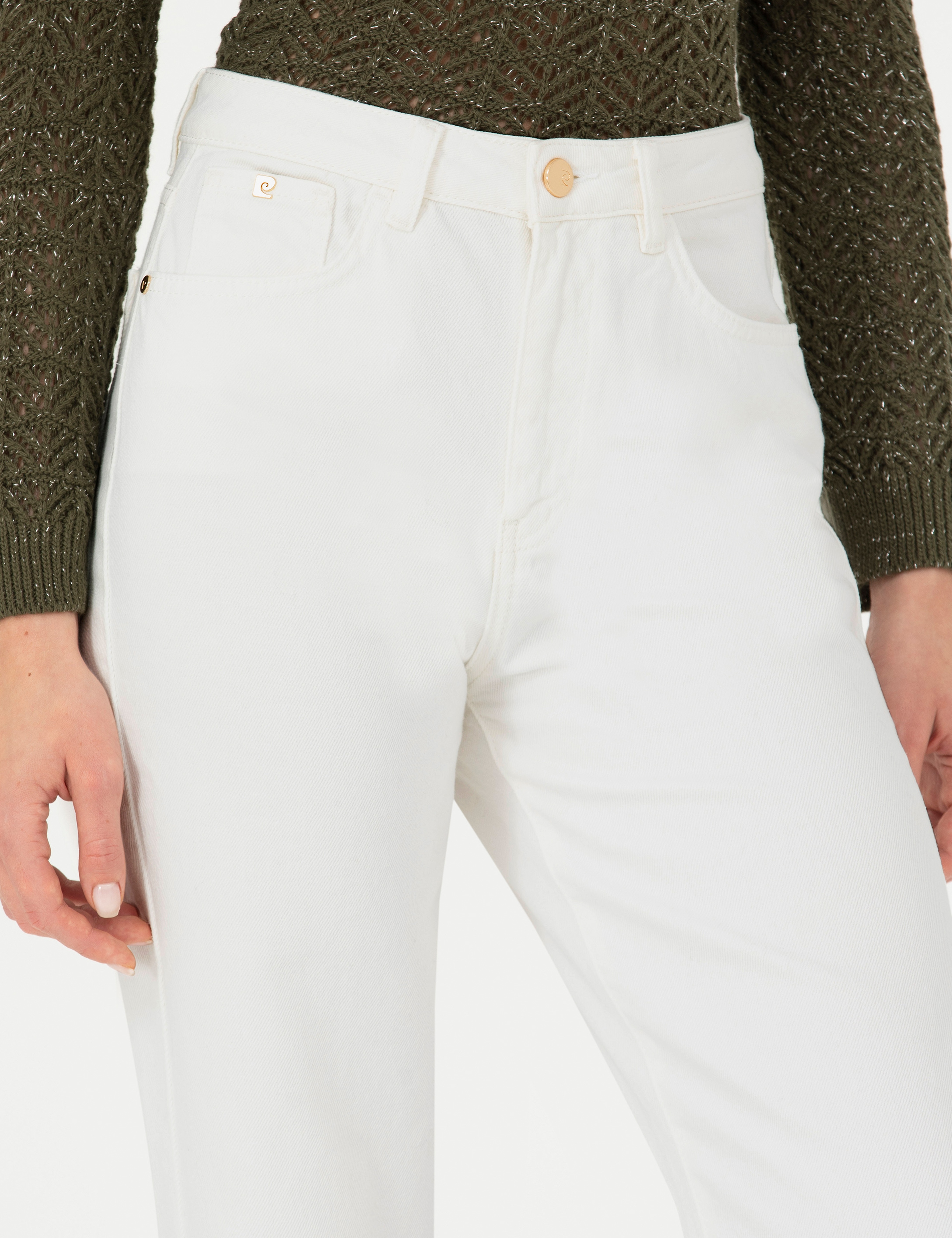 Beyaz High Waist Flare Fit Jean Pantolon - Image 5