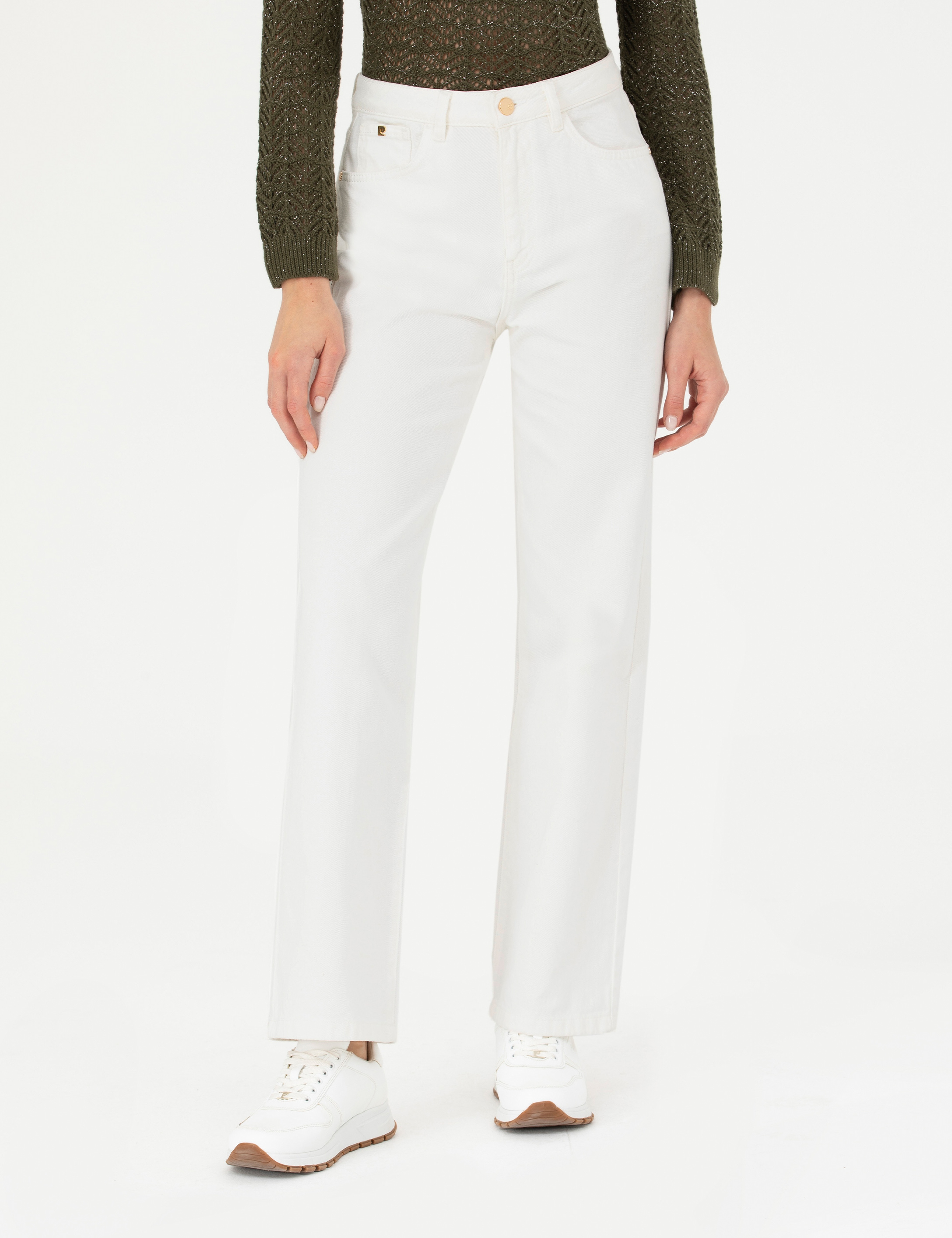 Beyaz High Waist Flare Fit Jean Pantolon - Image 2