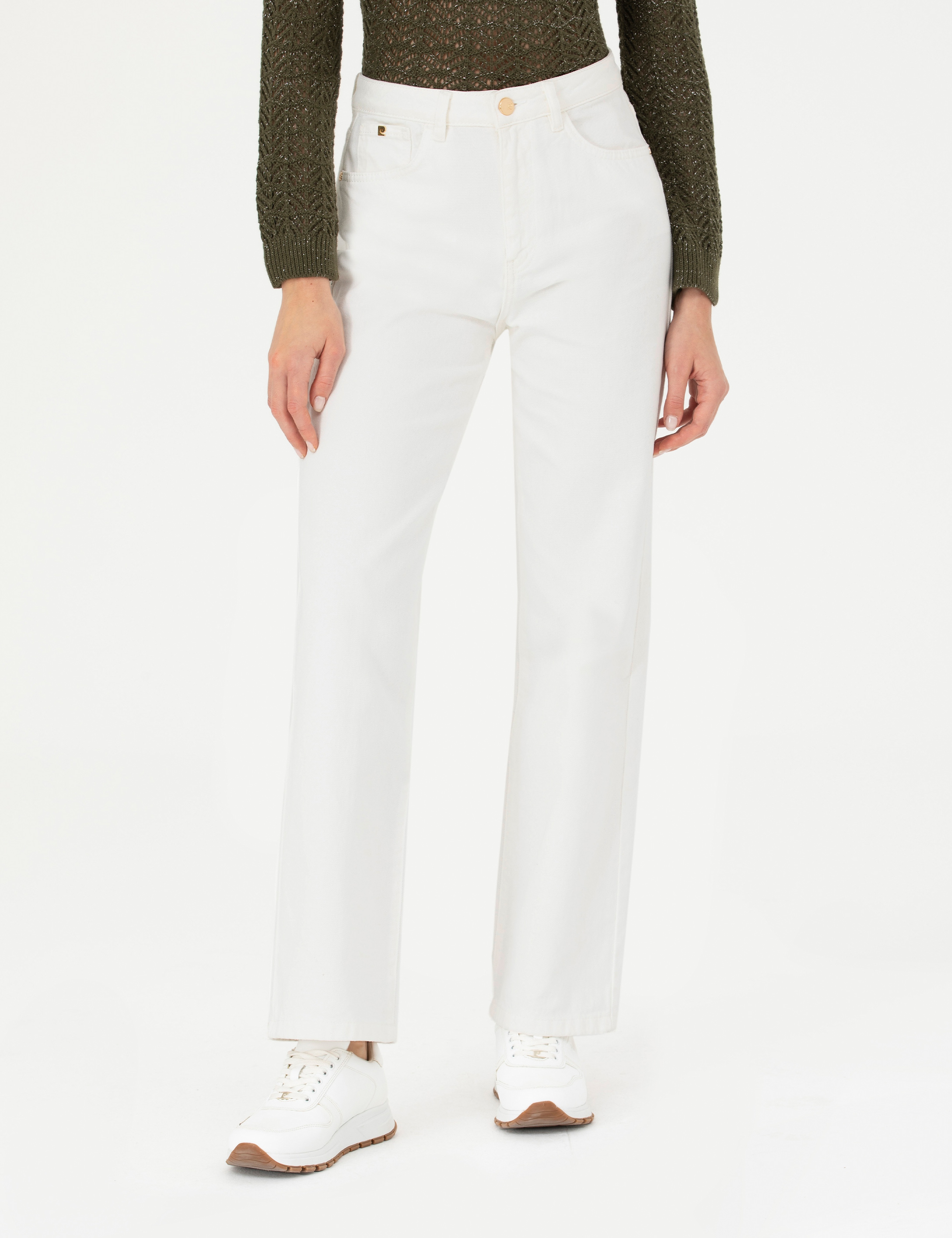 Beyaz High Waist Flare Fit Jean Pantolon