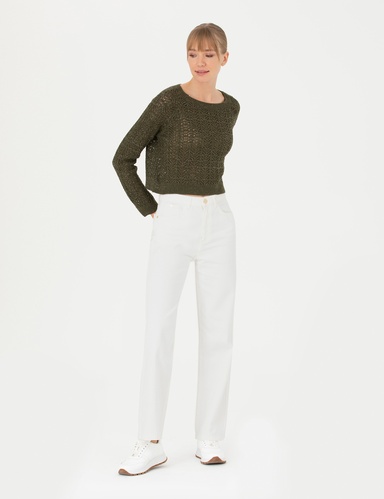 Beyaz High Waist Flare Fit Jean Pantolon