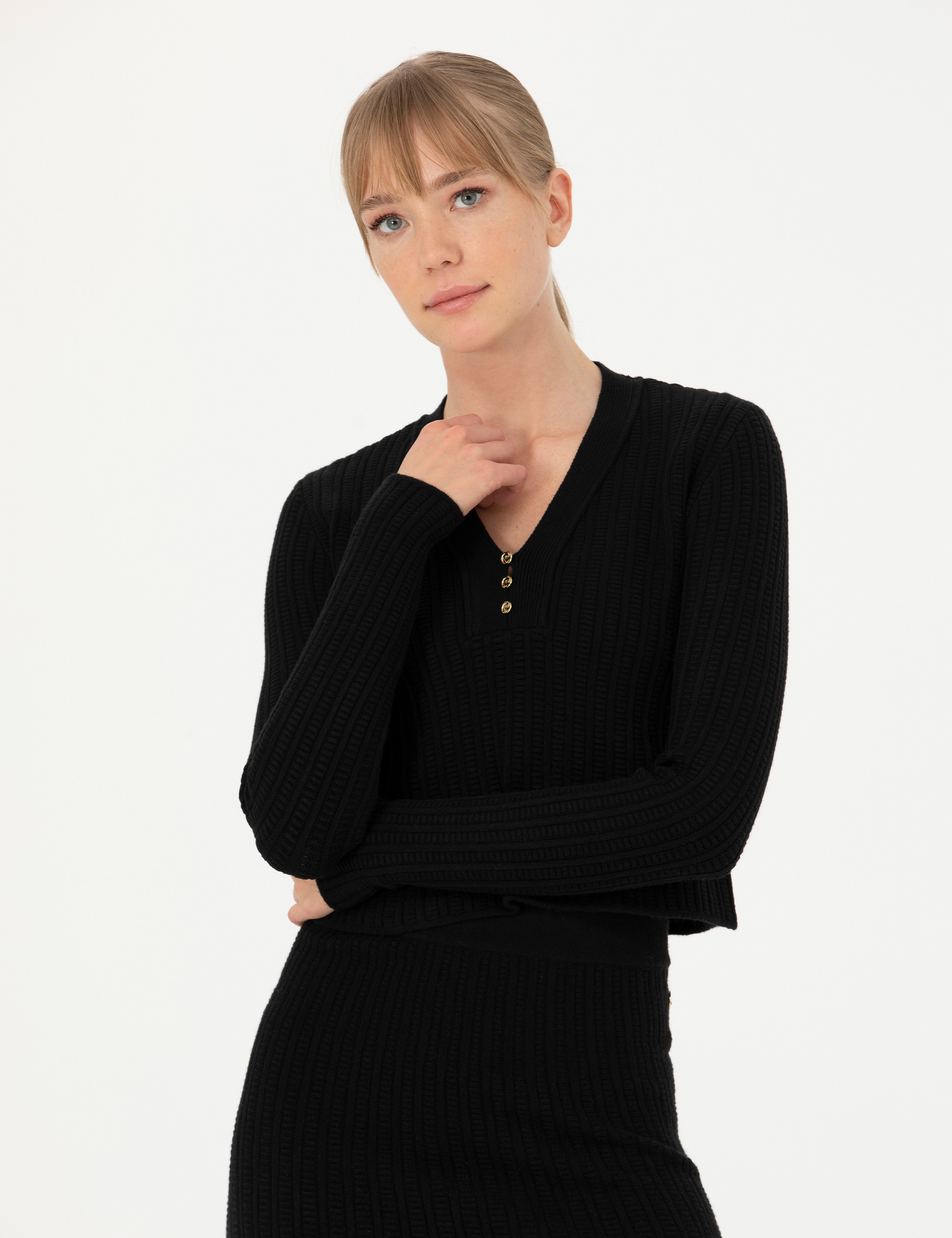 Siyah Ex Slim Fit V Yaka Kazak - Image 3
