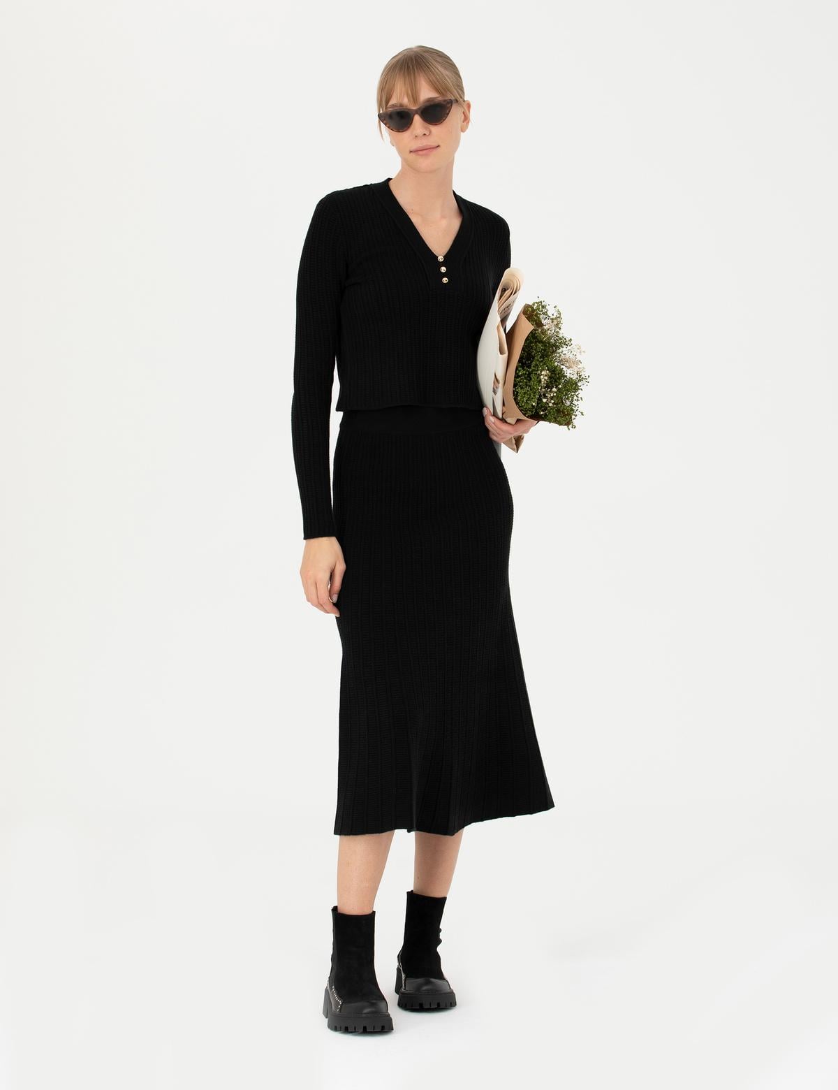 Siyah Ex Slim Fit V Yaka Kazak - 50276214027