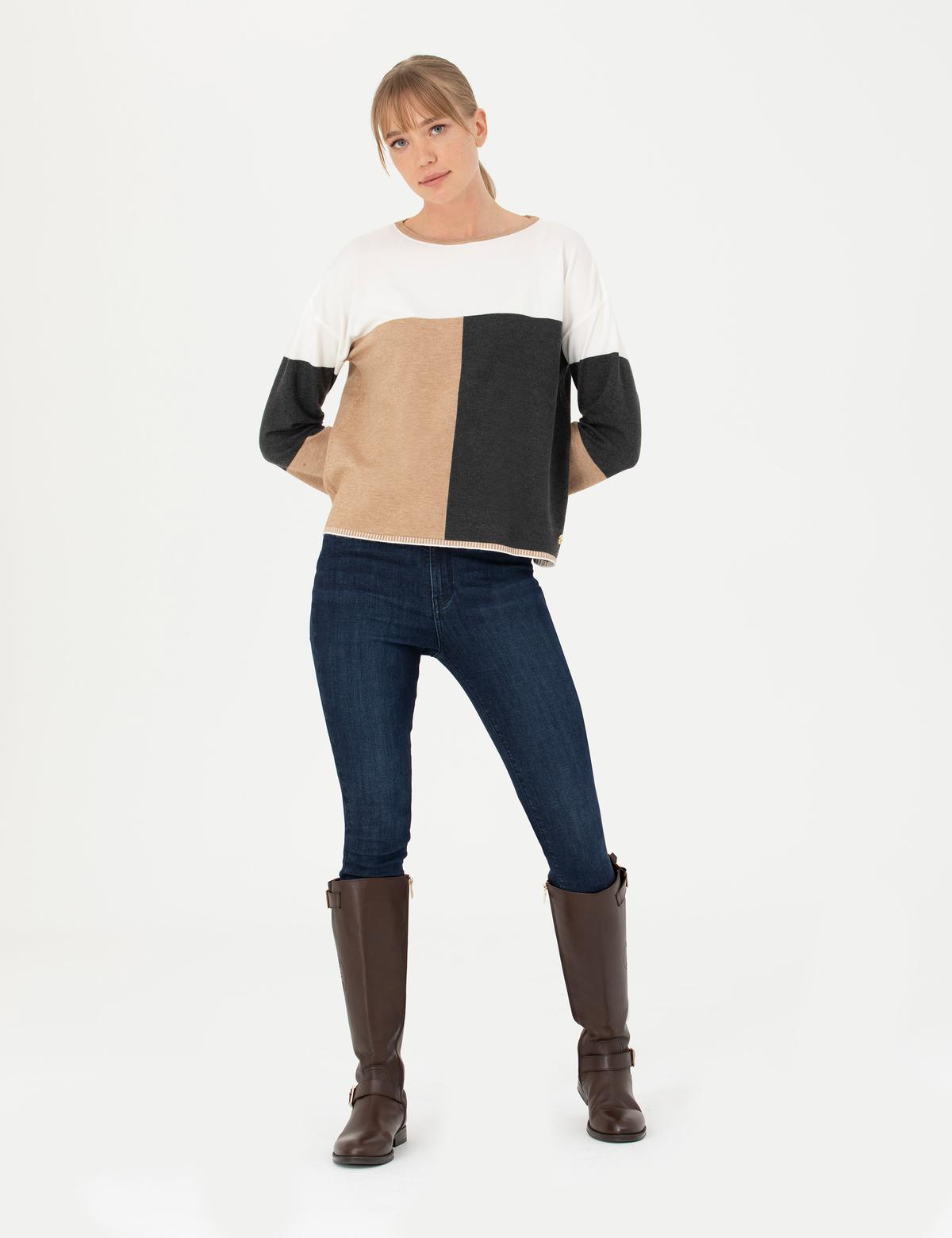 Çok Renkli Oversize Bisiklet Yaka Kazak - 50276223015