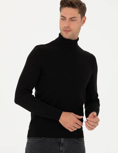 Siyah Slim Fit Balıkçı Yaka Triko Kazak