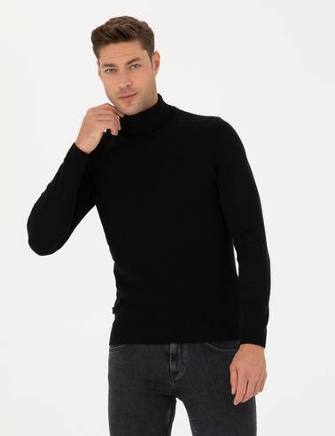 Siyah Slim Fit Balıkçı Yaka Triko Kazak
