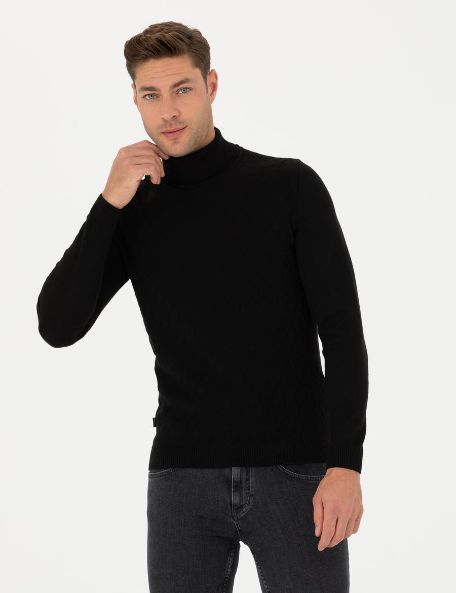 Siyah Slim Fit Balıkçı Yaka Triko Kazak