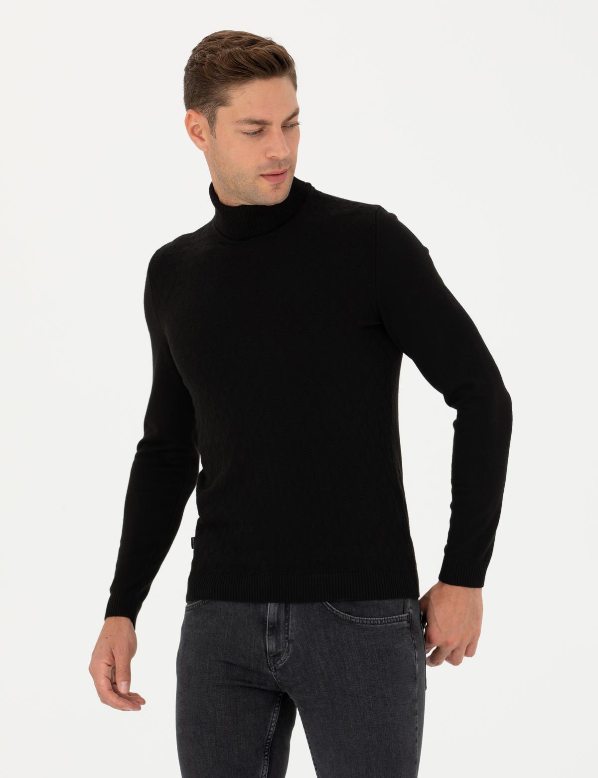 Siyah Slim Fit Balıkçı Yaka Triko Kazak - 50278094011