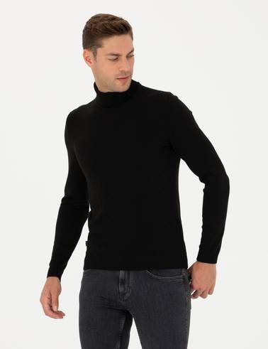 Siyah Slim Fit Balıkçı Yaka Triko Kazak