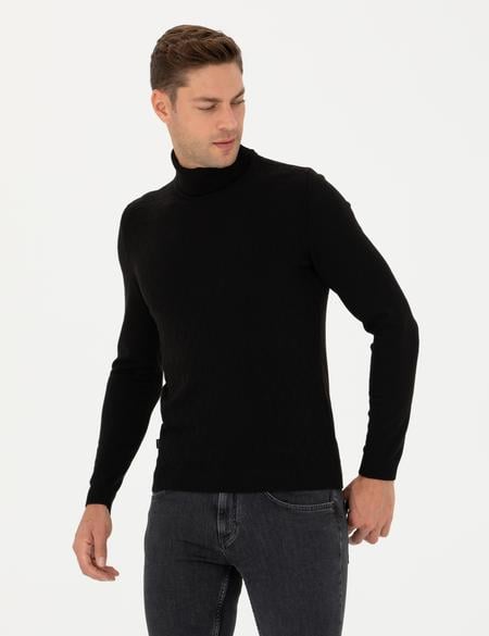 Siyah Slim Fit Balıkçı Yaka Triko Kazak - 50278094011