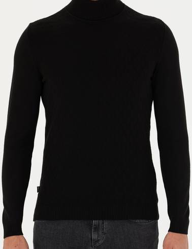 Siyah Slim Fit Balıkçı Yaka Triko Kazak