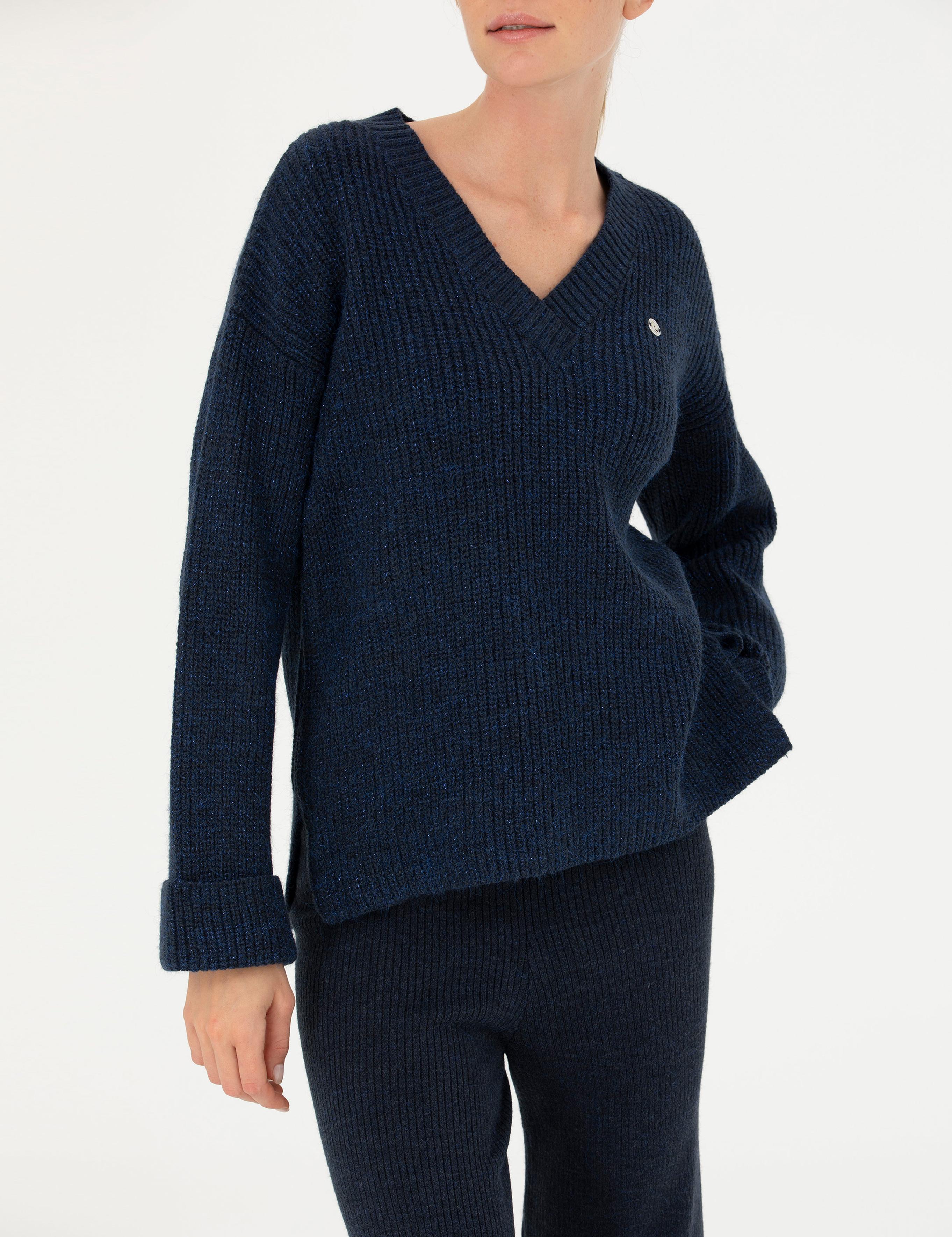 Lacivert Oversize V Yaka Kazak