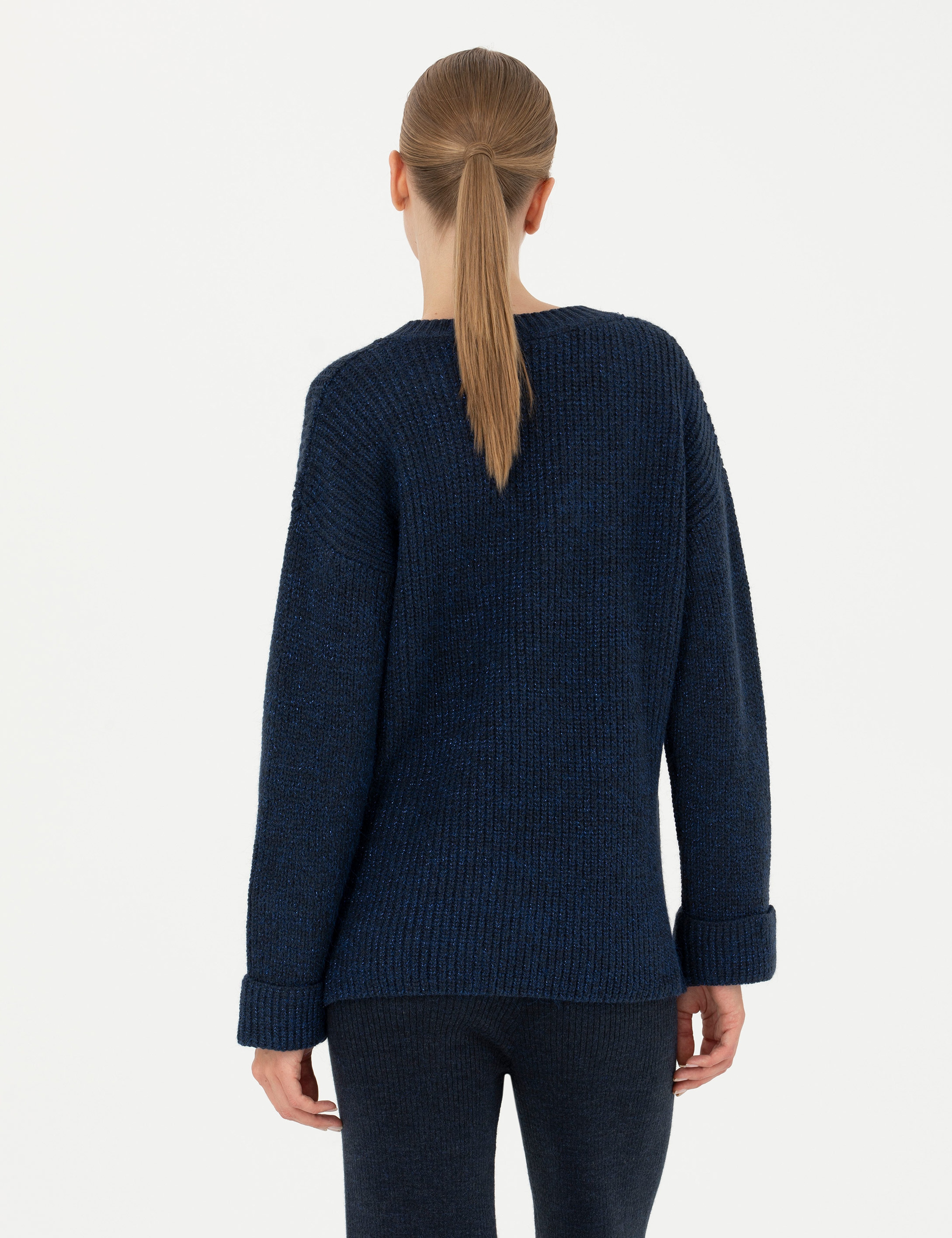 Lacivert Oversize V Yaka Kazak - Image 5