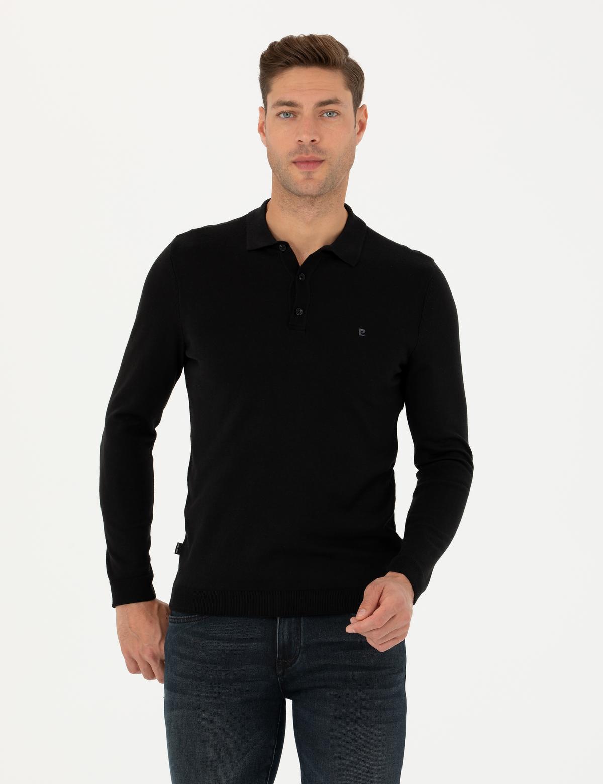 Siyah Slim Fit Polo Yaka Basic Triko Kazak