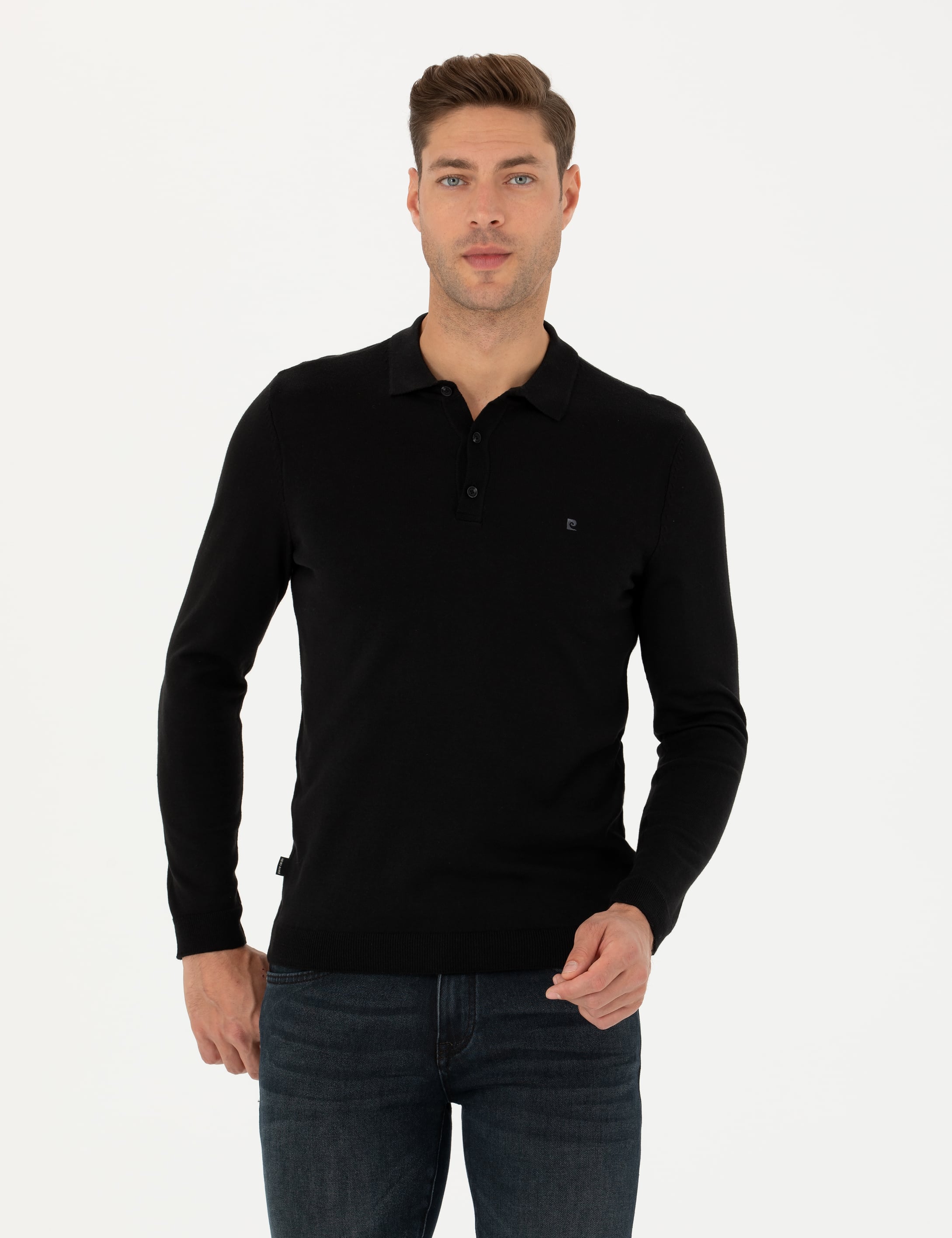 Siyah Slim Fit Polo Yaka Basic Triko Kazak - Image 1