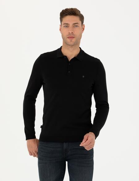 Siyah Slim Fit Polo Yaka Basic Triko Kazak - 50276350019