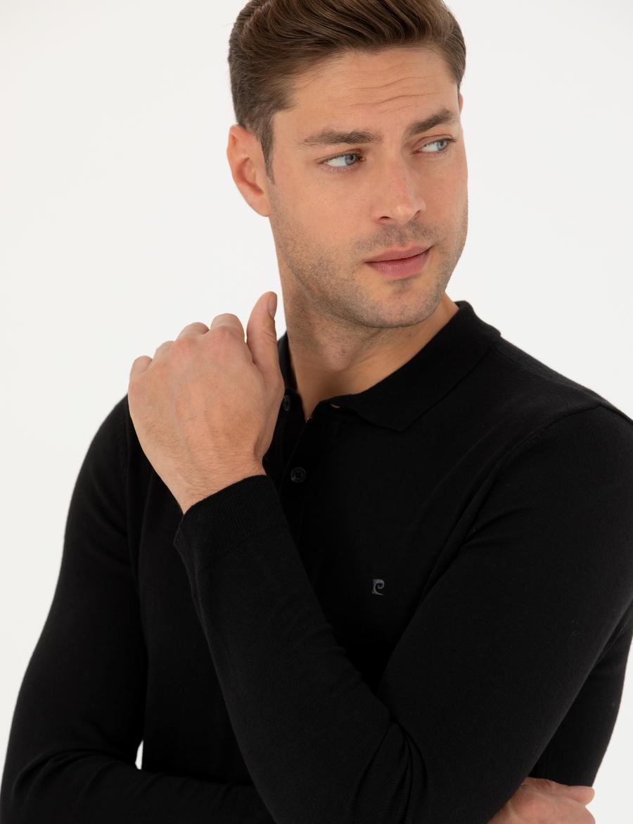 Siyah Slim Fit Polo Yaka Basic Triko Kazak