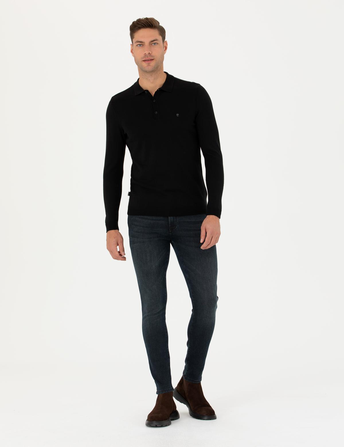 Siyah Slim Fit Polo Yaka Basic Triko Kazak - 50276350019