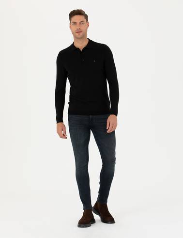 Siyah Slim Fit Polo Yaka Basic Triko Kazak