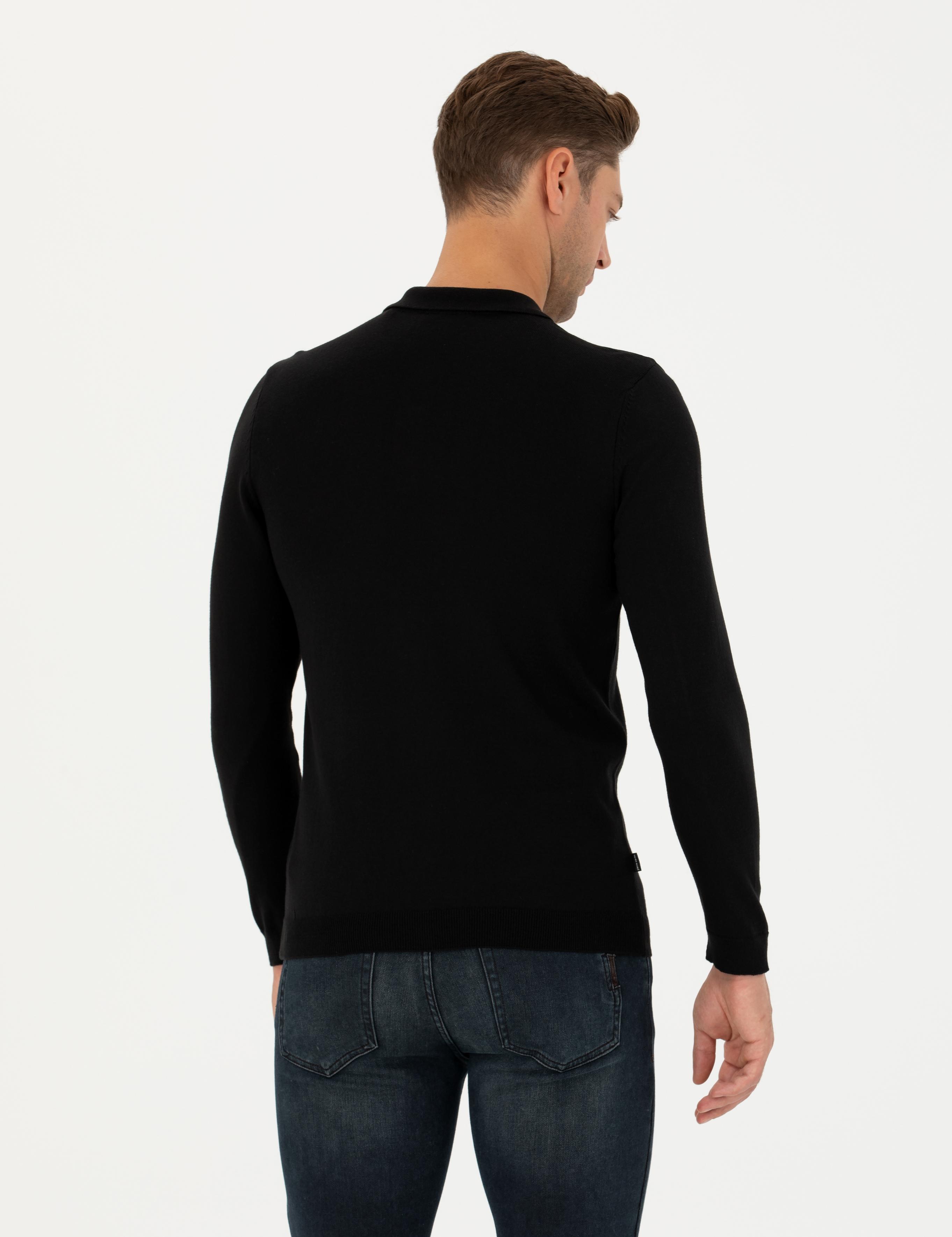 Siyah Slim Fit Polo Yaka Basic Triko Kazak