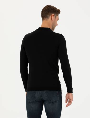 Siyah Slim Fit Polo Yaka Basic Triko Kazak