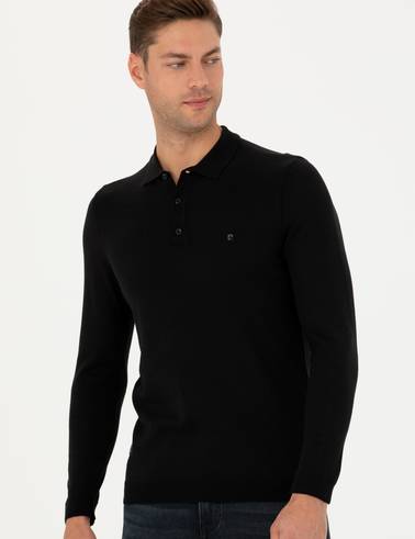 Siyah Slim Fit Polo Yaka Basic Triko Kazak