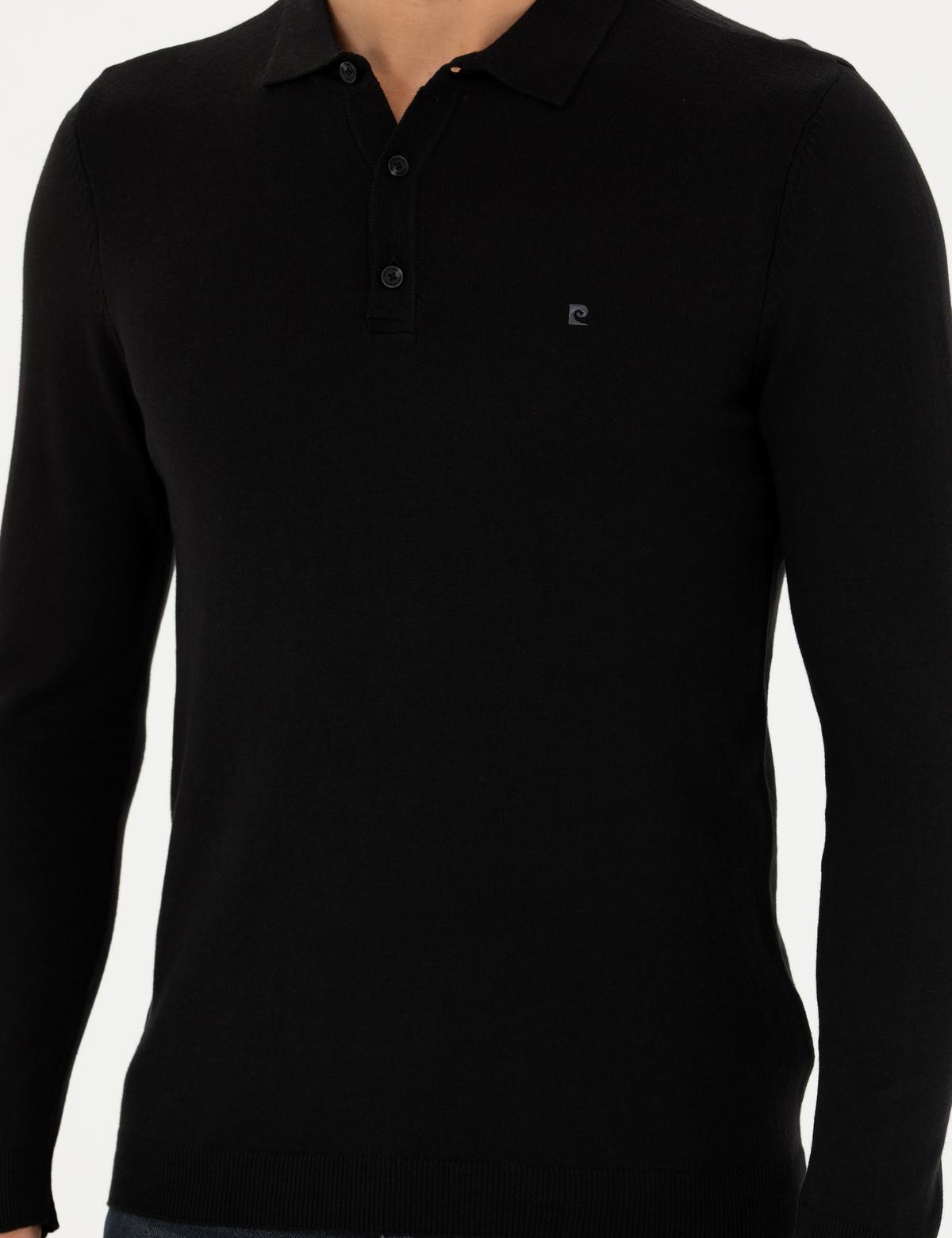 Siyah Slim Fit Polo Yaka Basic Triko Kazak - 50276350019